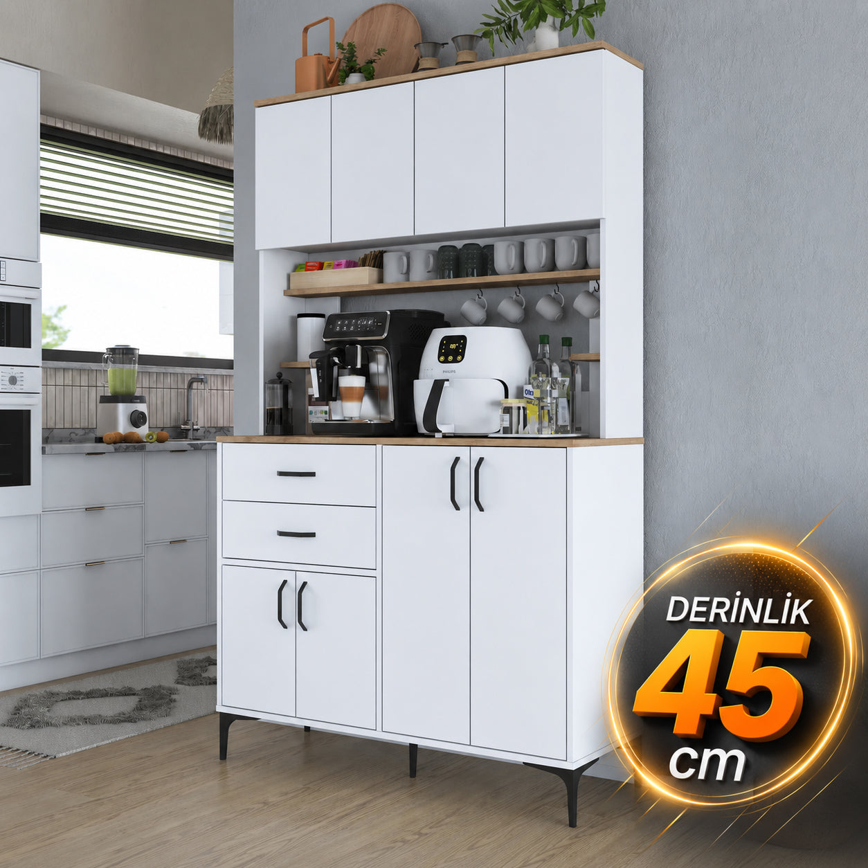 Rani JE212 Kahve Köşesi Çok Amaçlı Dolap 8 Kapaklı 2 Çekmeceli Raflı K