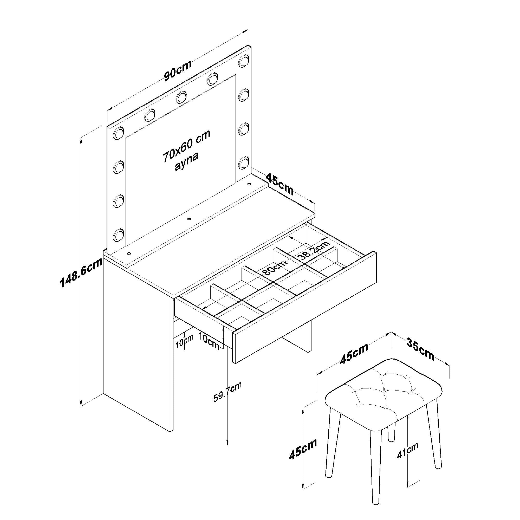 Rani BJ161 Hollywood Işıklı Aynalı Kulis Makyaj Masası Takı Düzenleyici Puf Takım Beyaz