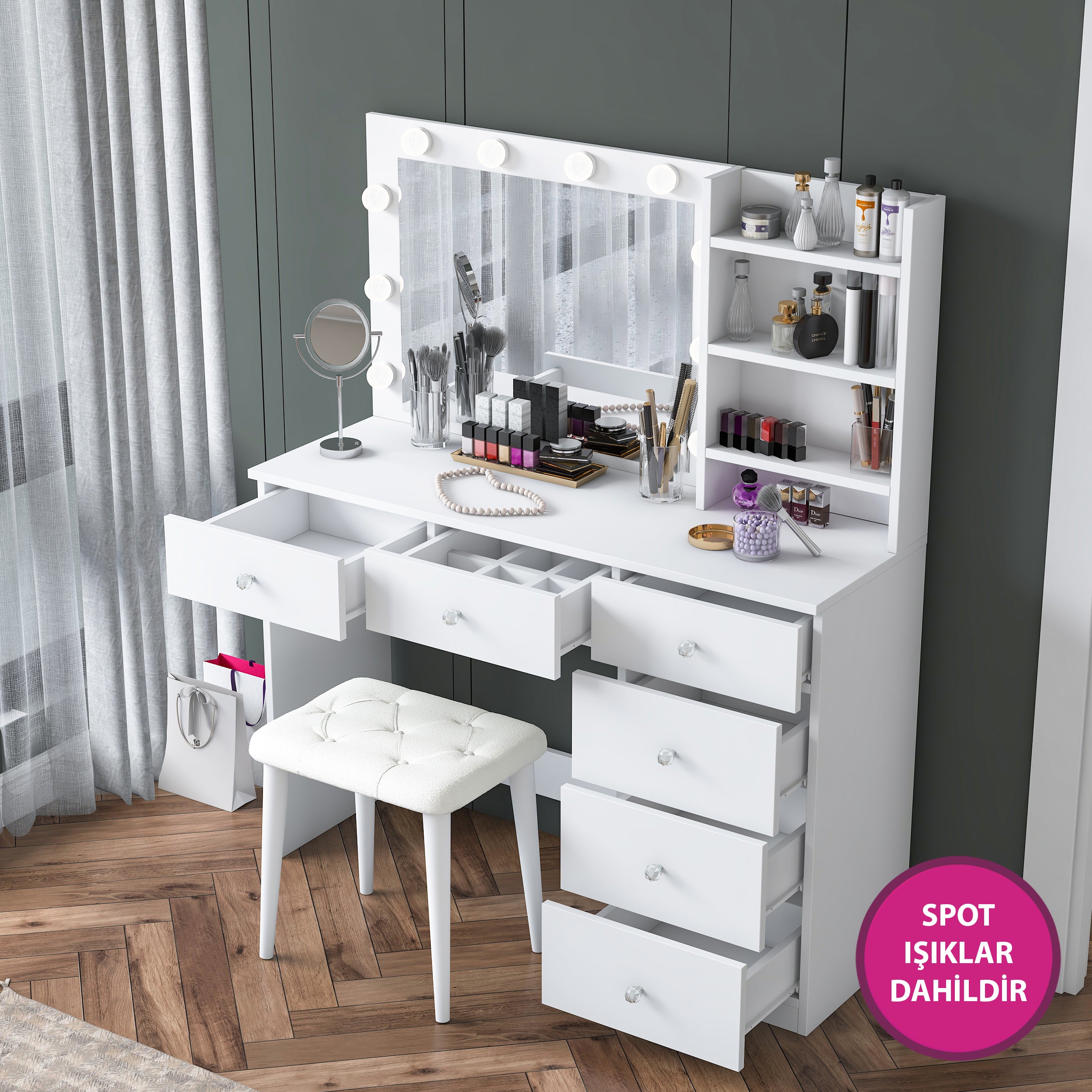 Rani BJ162 Hollywood Işıklı Aynalı Kulis Makyaj Masası 6 Çekmeceli Takı Düzenleyici Puf Takım Beyaz