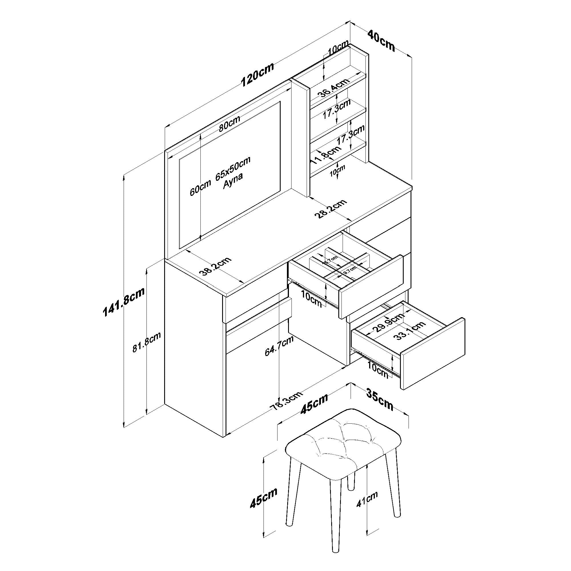 Rani BJ160 Hollywood Işıklı Aynalı Kulis Makyaj Masası Cam Tablalı 7 Çekmeceli Takı Düzenleyici Puf Takım Beyaz