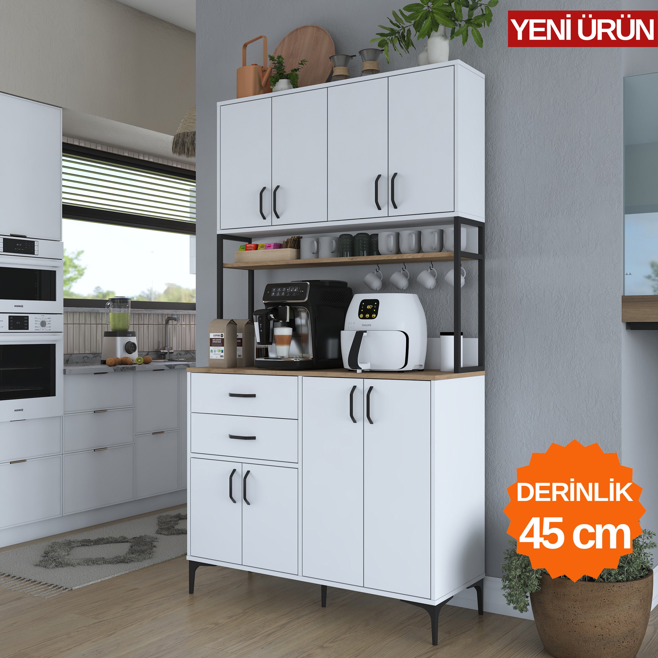 Rani JE213 Kahve Köşesi Çok Amaçlı Dolap 8 Kapaklı 2 Çekmeceli Raflı Kiler Mutfak Dolabı Beyaz - Sepet Ceviz