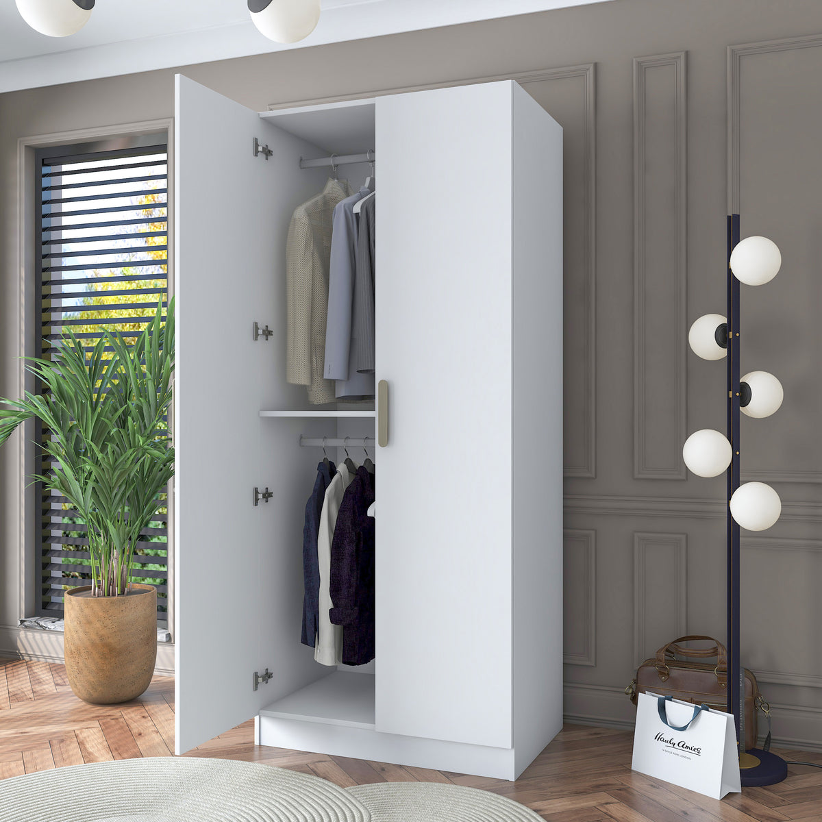 Rani BA159 Gardırop 2 Kapaklı Raflı 2 Askılı Elbise Dolabı Beyaz