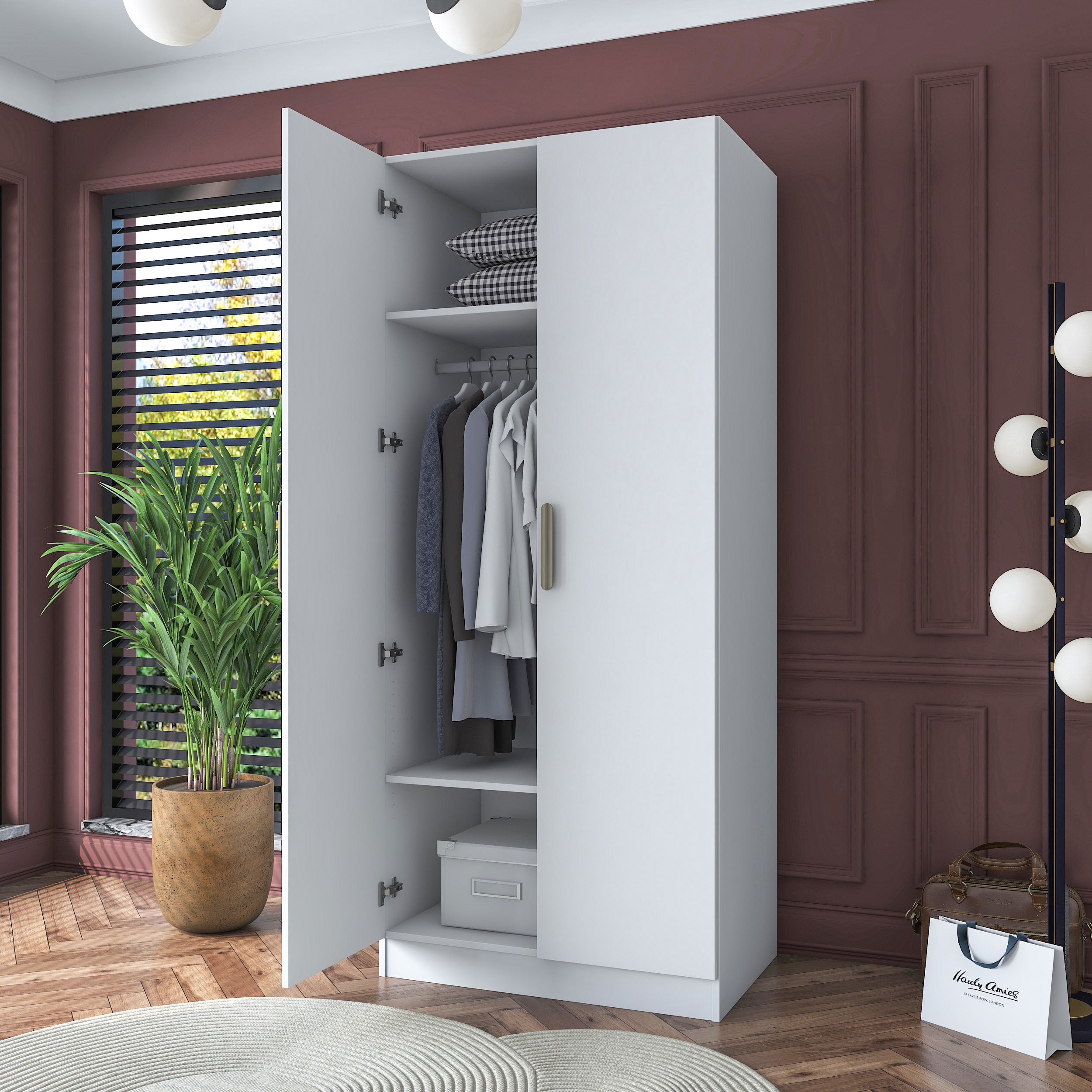 Rani BA137 beyaz modüler gardırop, 2 kapaklı, seyyar raflı ve askılı bölmeli elbise dolabı, modern tasarımıyla yatak odası için ideal.