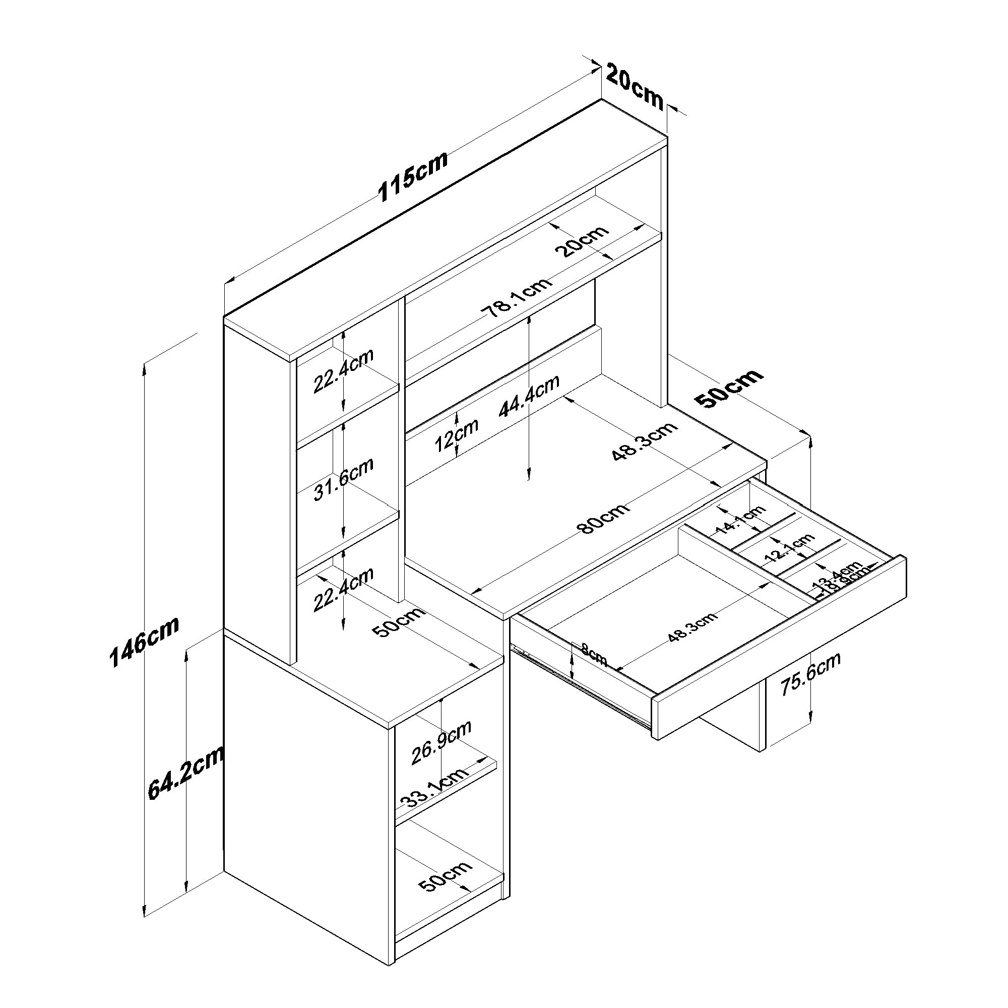 Rani HA126 Kitaplıklı 4 Raflı Kapaklı Çekmeceli Çalışma Ofis Bilgisayar Masası Sepet Ceviz - Beyaz