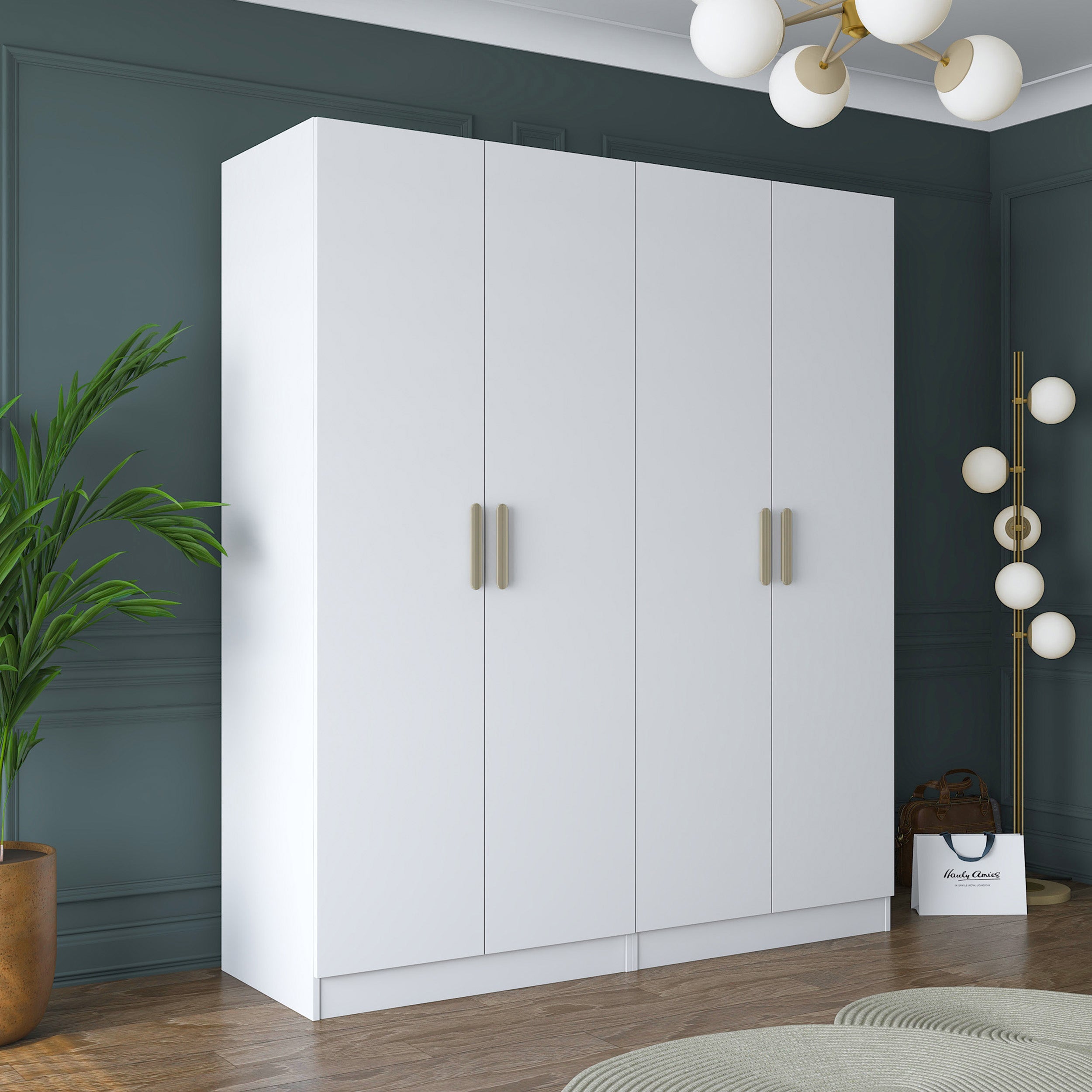 Rani BA156 Geniş Gardırop Elbise Dolabı 4 Kapaklı 6 Raflı 2 Askılı Modüler Dolap Beyaz