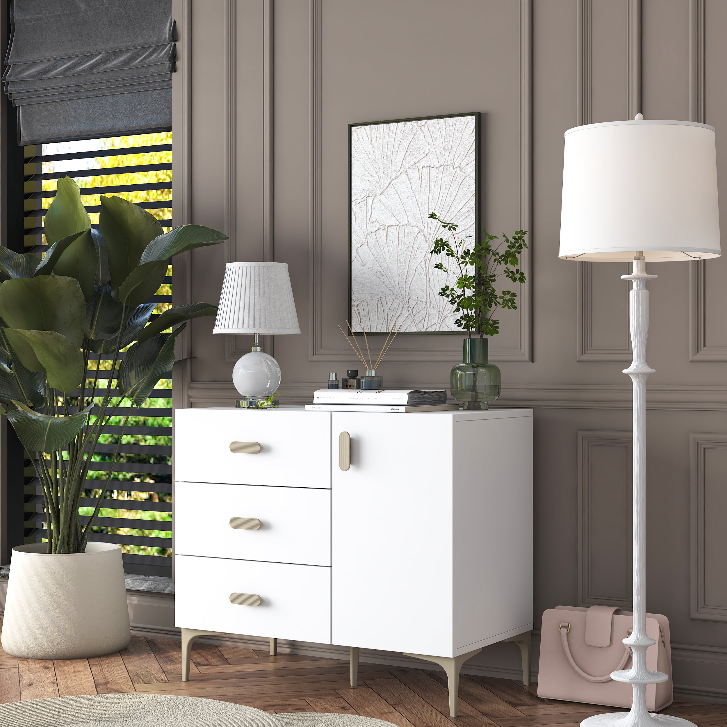 Rani BE108 Şifonyer 3 Çekmeceli Ayaklı Kapaklı Yatak Odası Beyaz