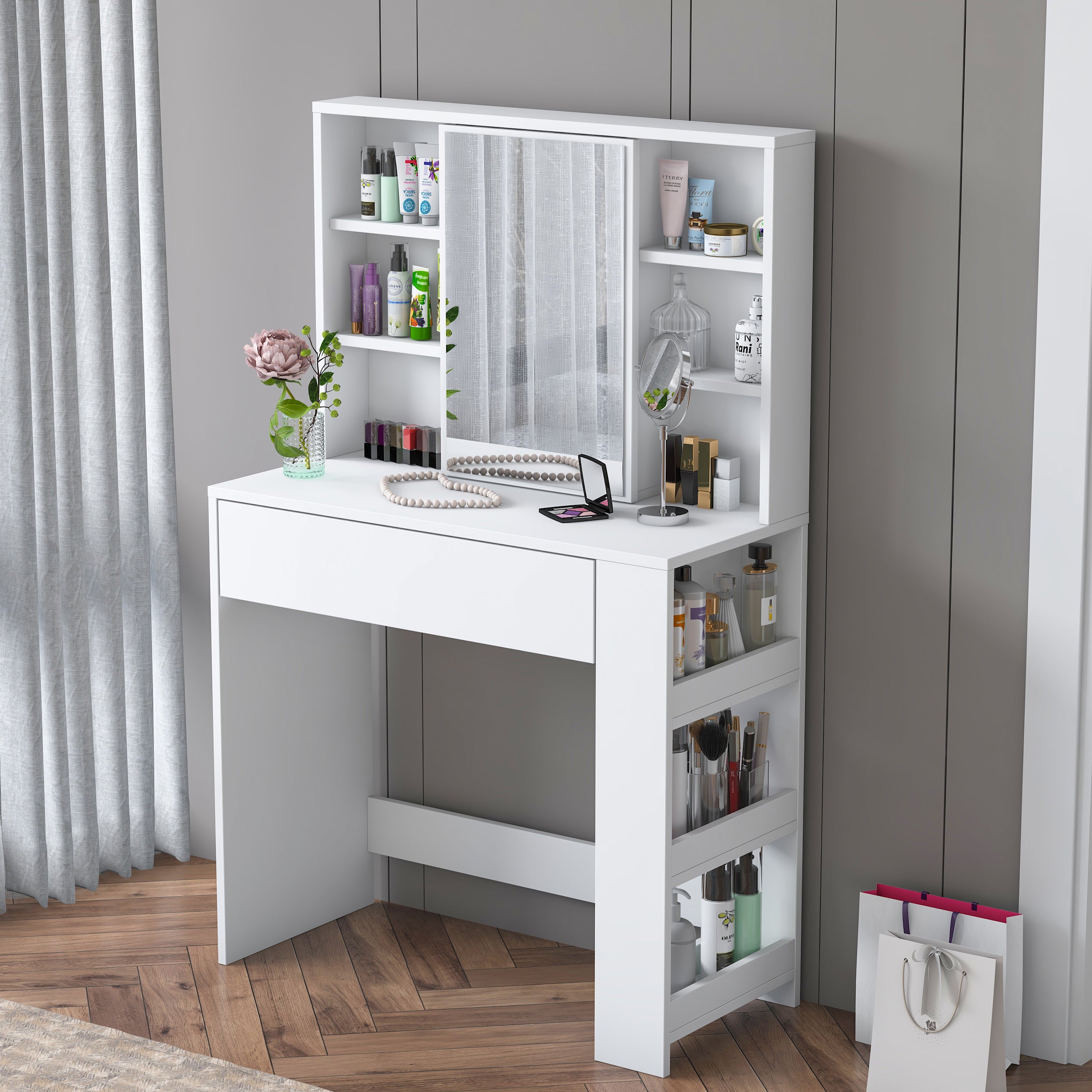 Rani BJ158 beyaz makyaj masası çekmeceli raflı aynalı takı düzenleyici modern makyaj masası