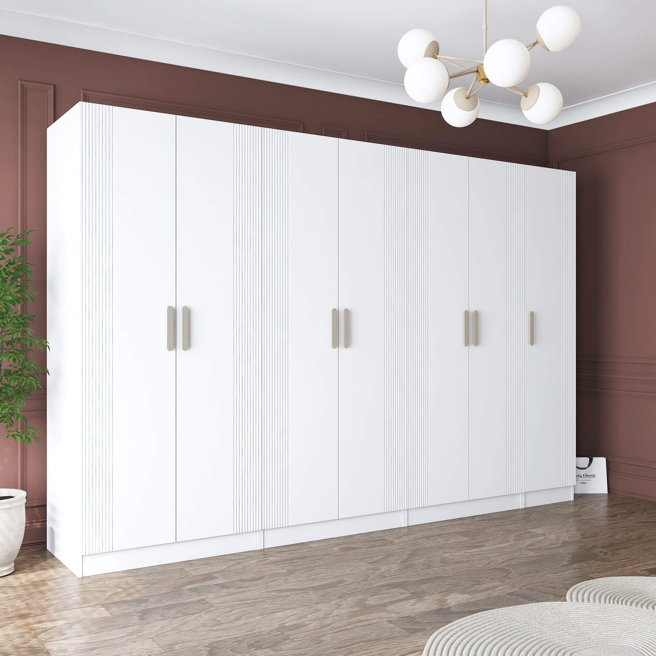 Rani BA185 Membran Kapaklı Gardırop 12 Raflı 3 Askılı 7 Kapaklı Elbise Dolabı Beyaz