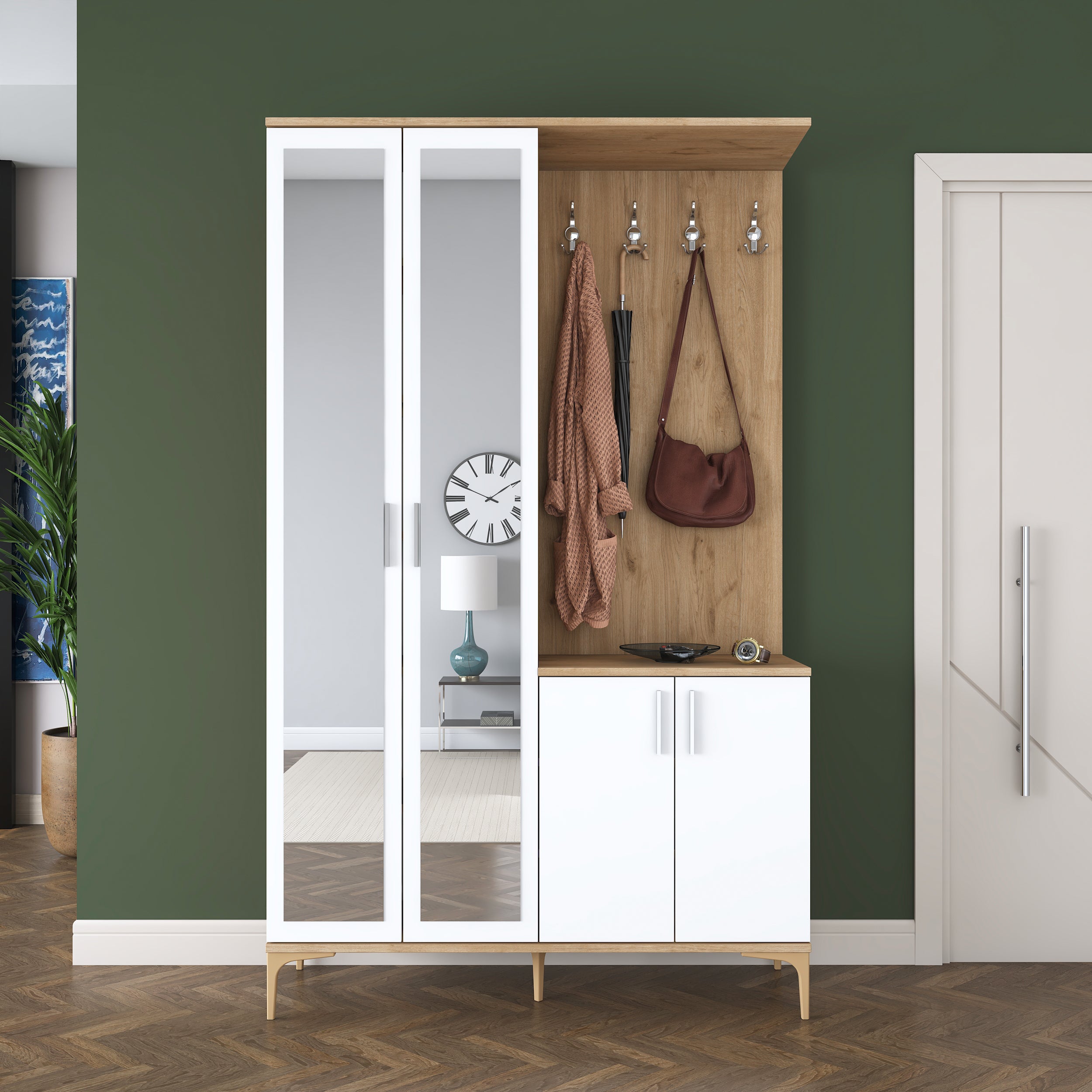 Rani EA147 Modern Portmanto 4 Kapaklı Aynalı Raflı Askılı Ayakkabılık Vestiyer Sepet Ceviz - Beyaz