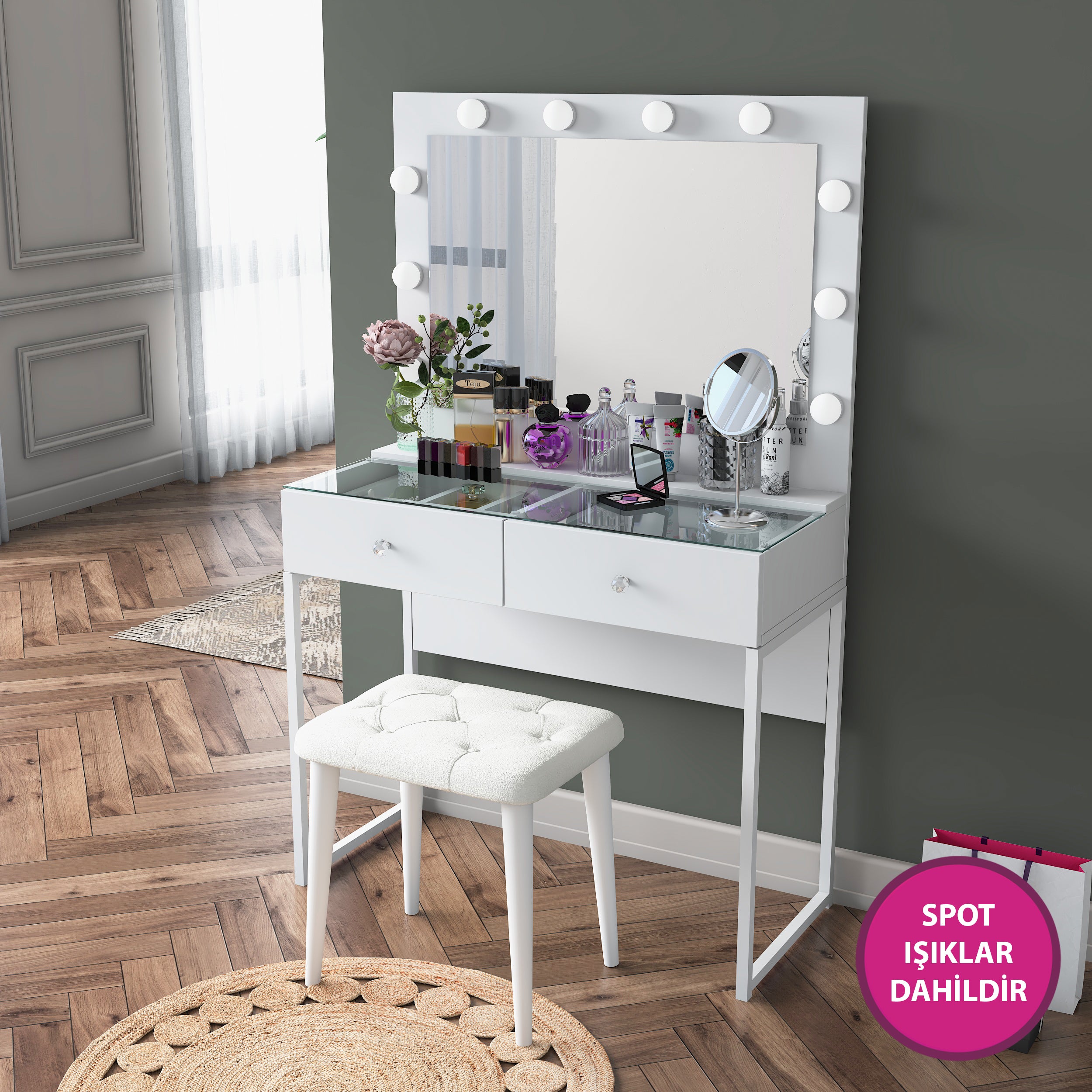 Beyaz cam tablası ve 10 adet spot ışıklı aynasıyla Rani BJ164 Hollywood makyaj masası; 2 çekmeceli, takı düzenleyici puf takımlı, şık ve fonksiyonel.
