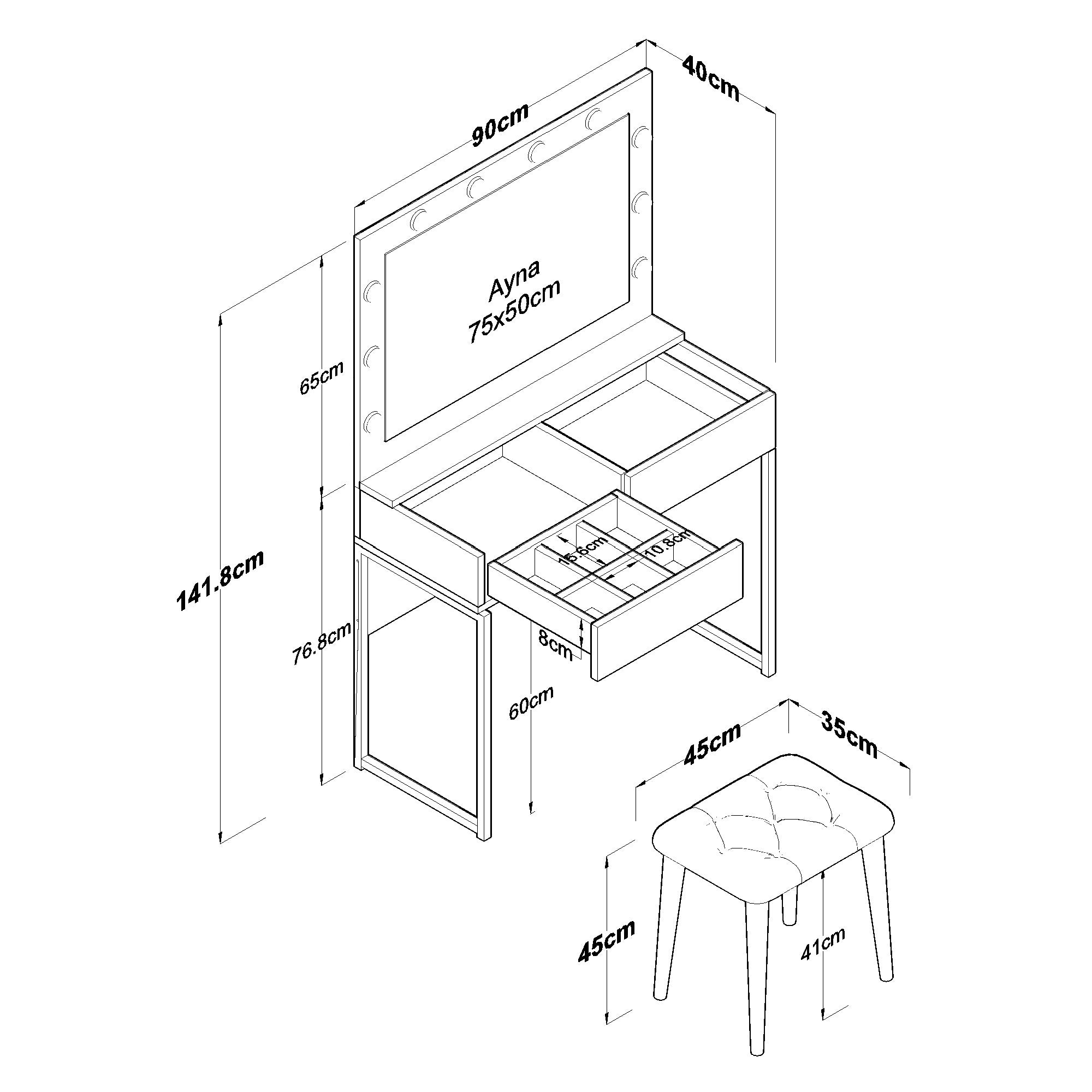 Rani BJ164 Hollywood ışıklı aynalı kulis makyaj masası, cam tablalı, 2 çekmeceli ve takı düzenleyici puf takım — beyaz şık ve fonksiyonel tasarım.