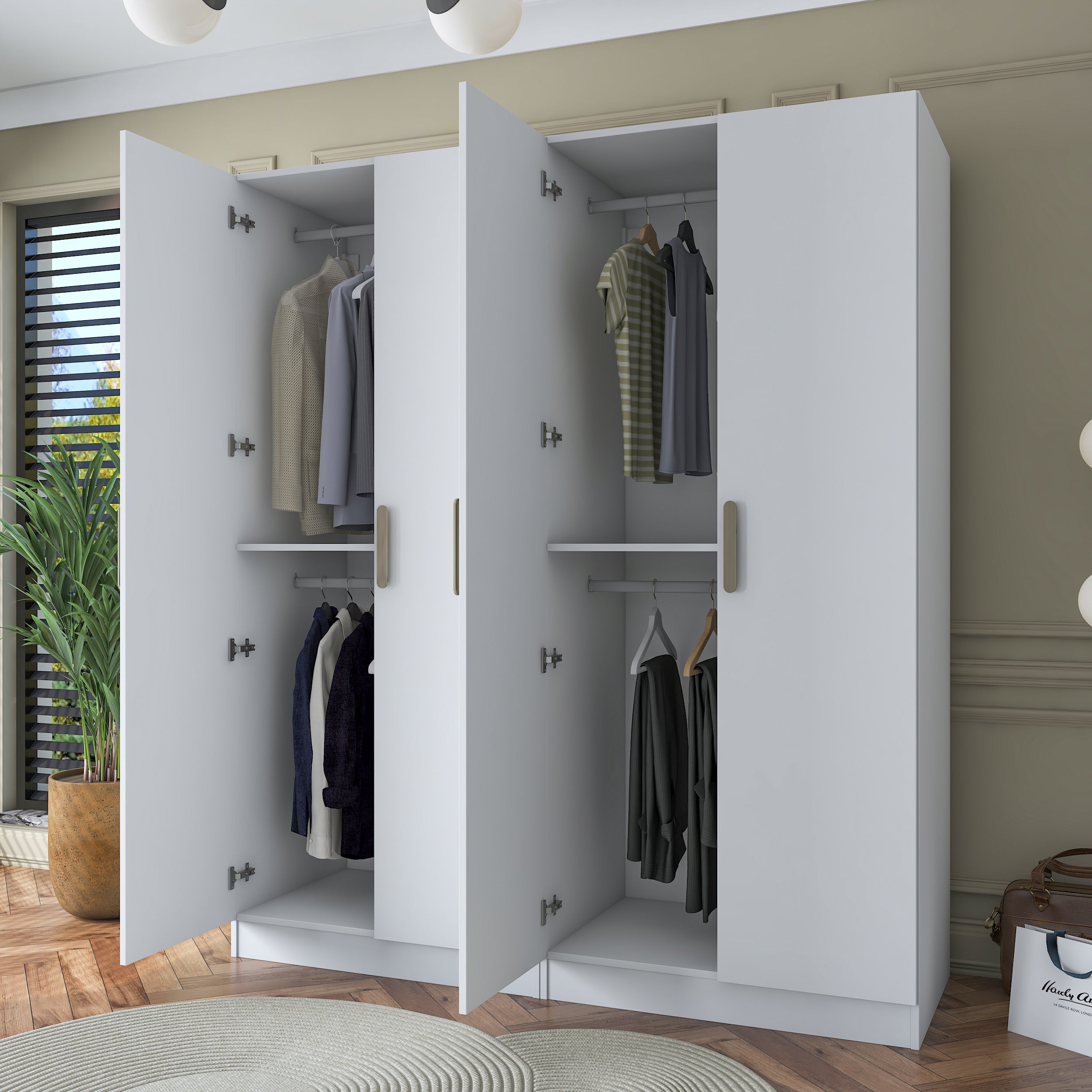 Rani BA163 Geniş Gardırop Elbise Dolabı 4 Kapaklı 2 Raflı 4 Askılı Modüler Dolap Beyaz