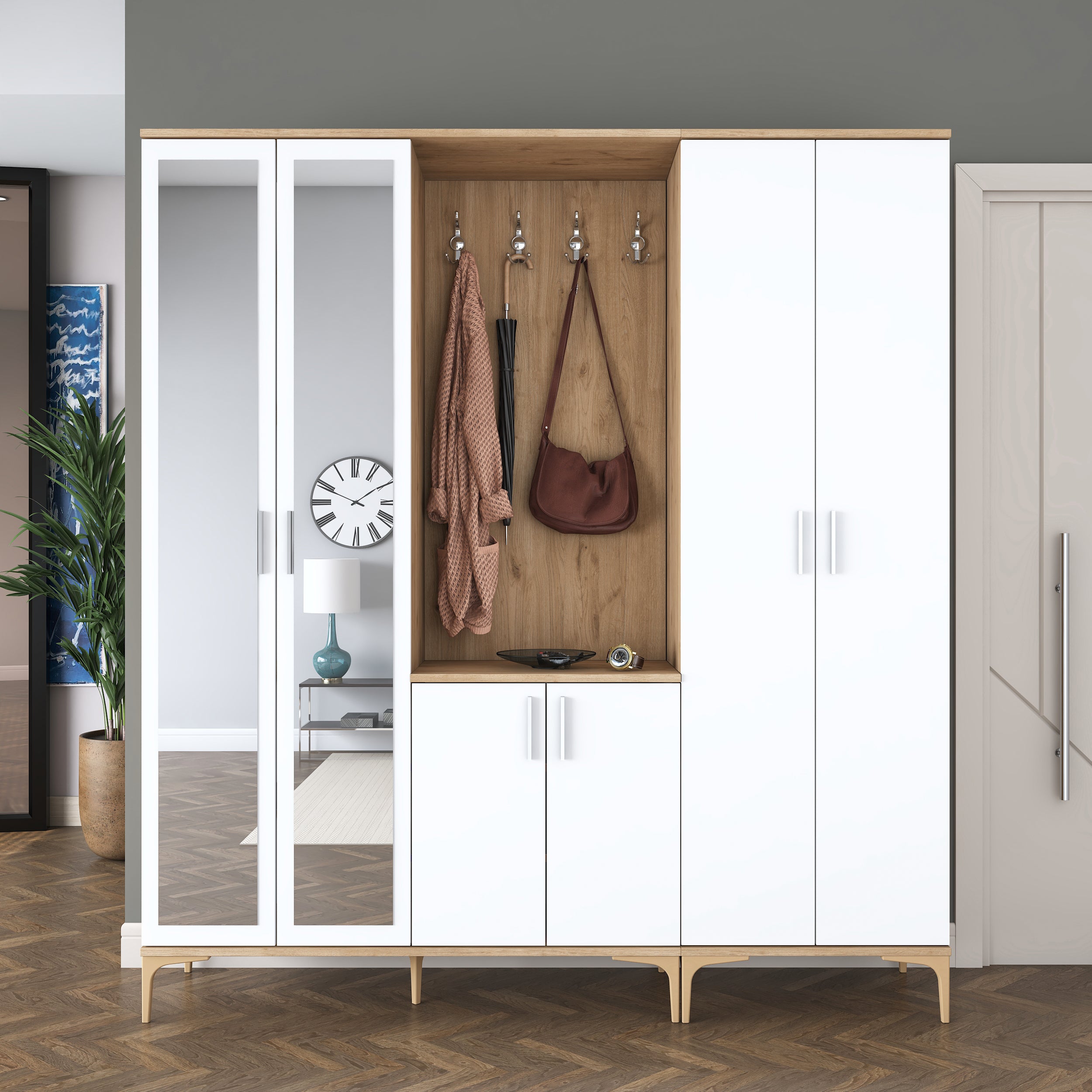 Rani EA154 Modern Aynalı Raflı Askılı Portmanto Ayakkabılık Vestiyer Sepet Ceviz - Beyaz