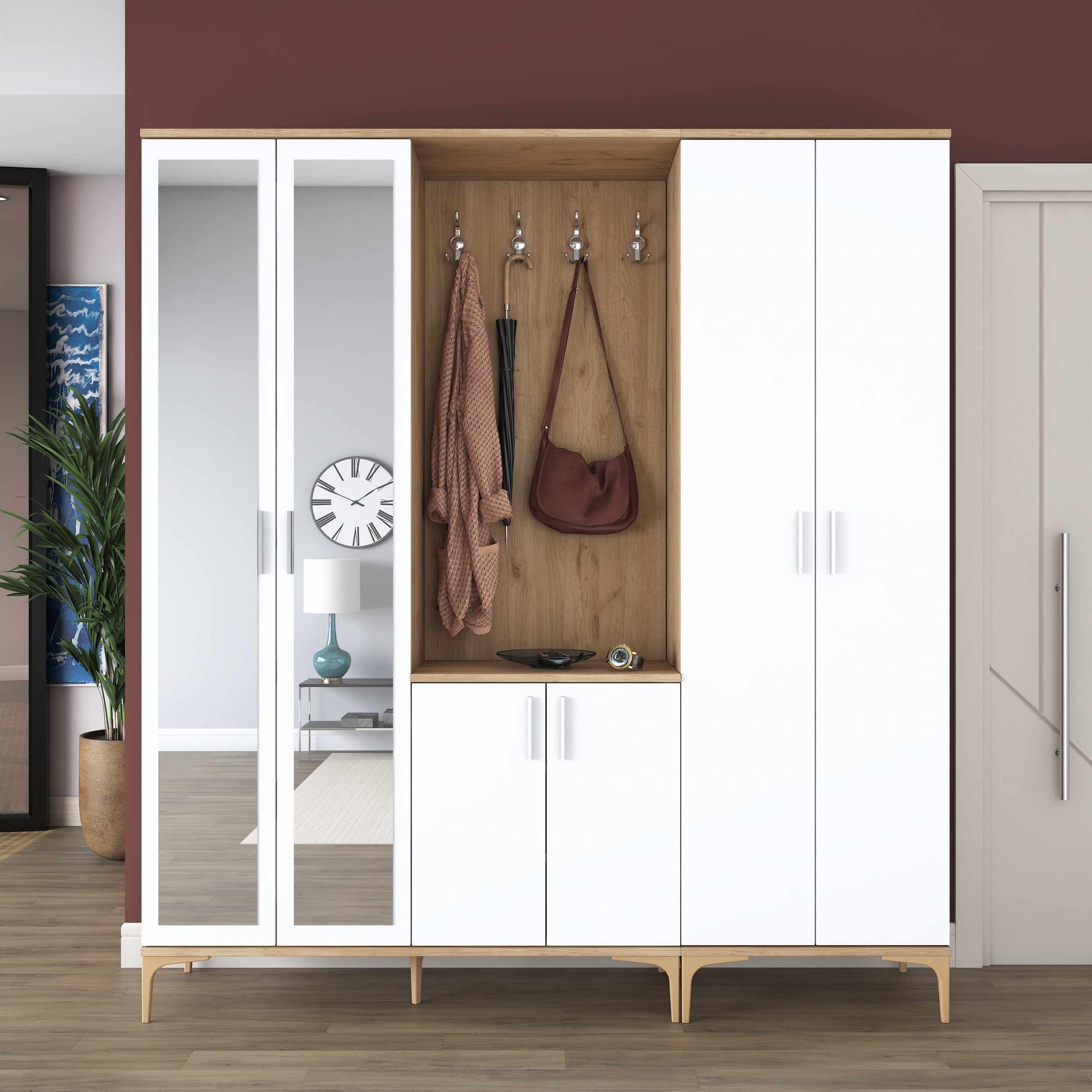 Rani EA156 Modern Aynalı Raflı Askılı Portmanto Ayakkabılık Vestiyer Sepet Ceviz - Beyaz