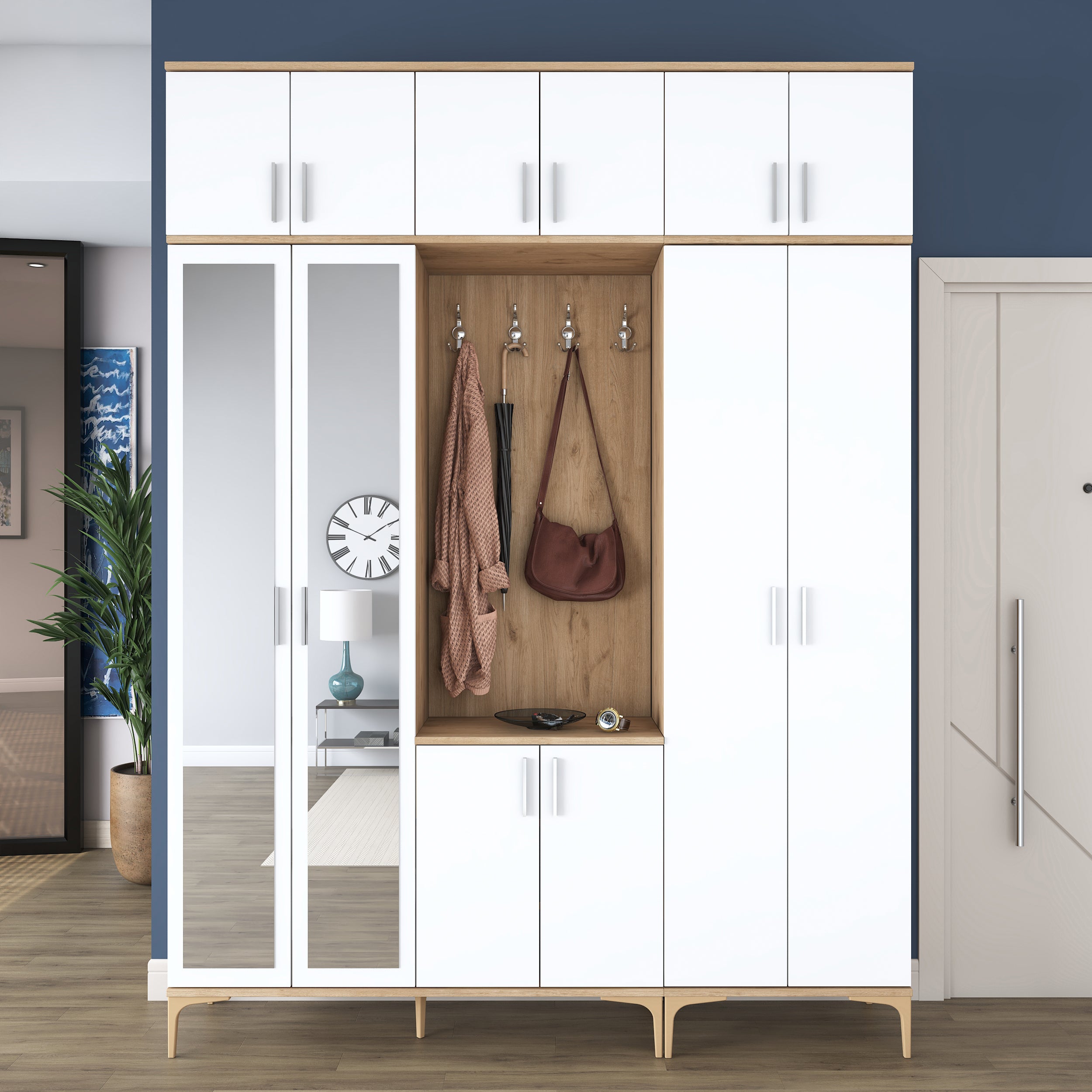 Rani EA157 Modern Portmanto 12 Kapaklı Aynalı Raflı Askılı Ayakkabılık Vestiyer Sepet Ceviz - Beyaz