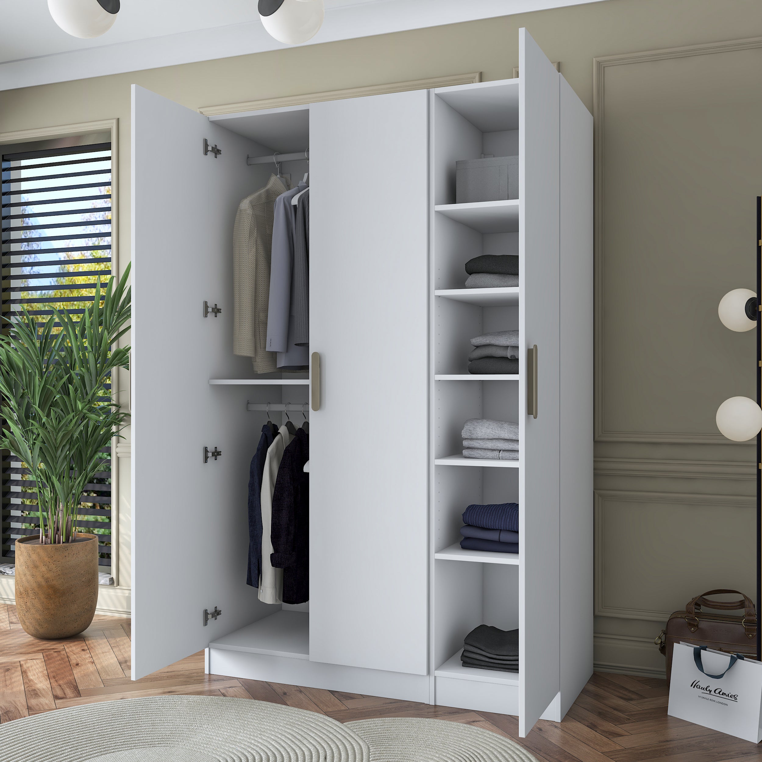 Rani BA164 Gardırop Elbise Dolabı 3 Kapaklı 6 Raflı 2 Askılı Modüler Dolap Beyaz