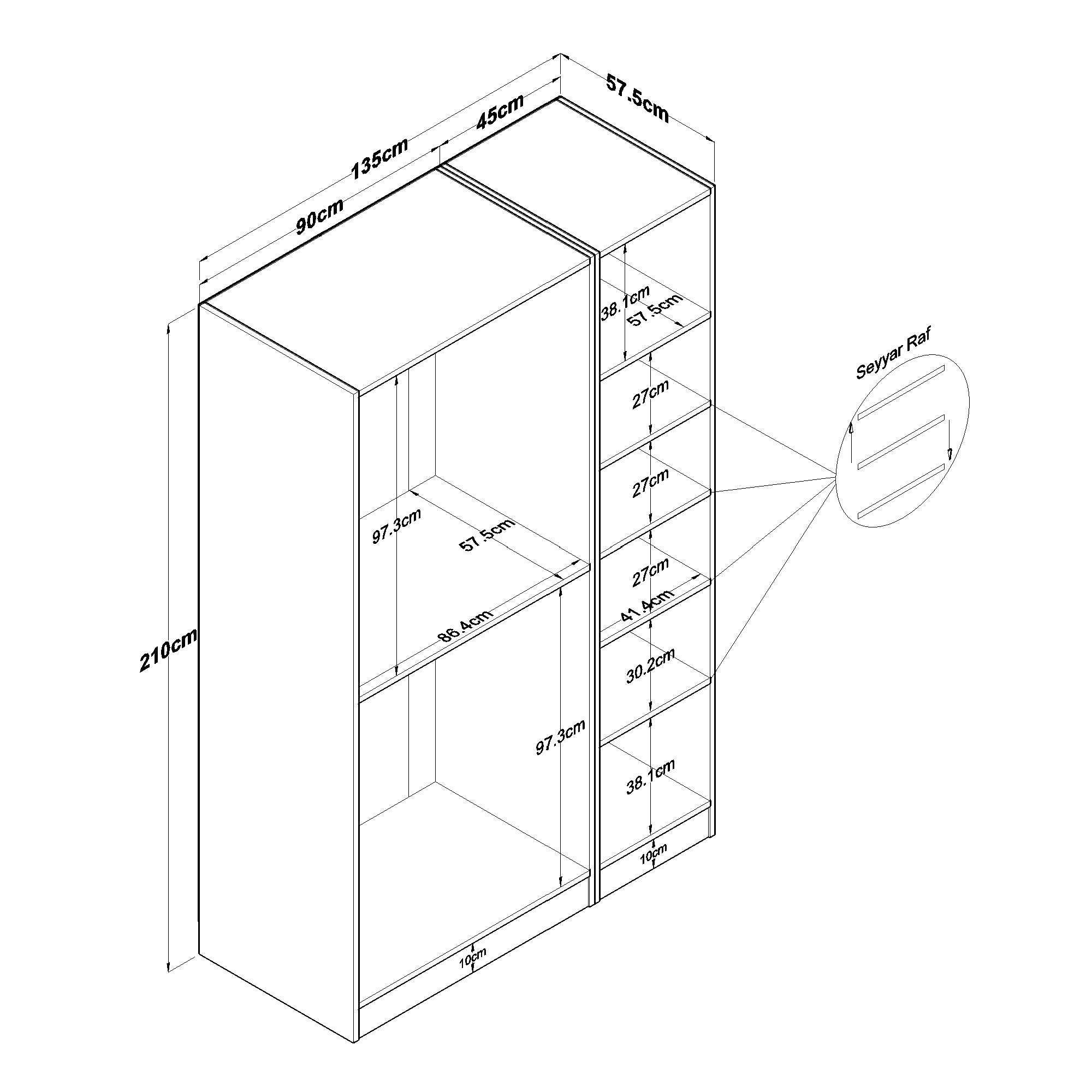Rani BA164 Gardırop Elbise Dolabı 3 Kapaklı 6 Raflı 2 Askılı Modüler Dolap Beyaz