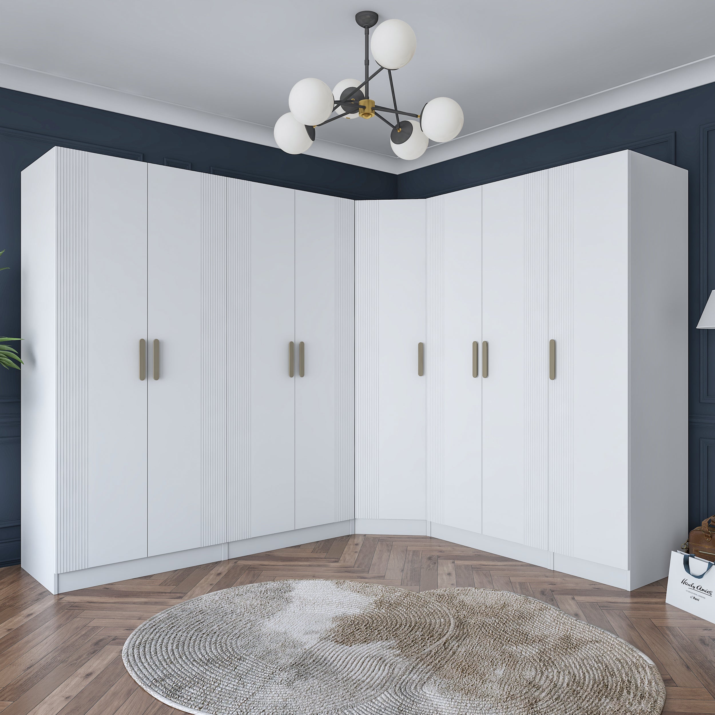 Rani BA184 Geniş Köşe Membran Kapaklı Gardırop 2 Çekmeceli 18 Raflı 4 Askılı 8 Kapaklı Modüler Elbise Dolabı Beyaz