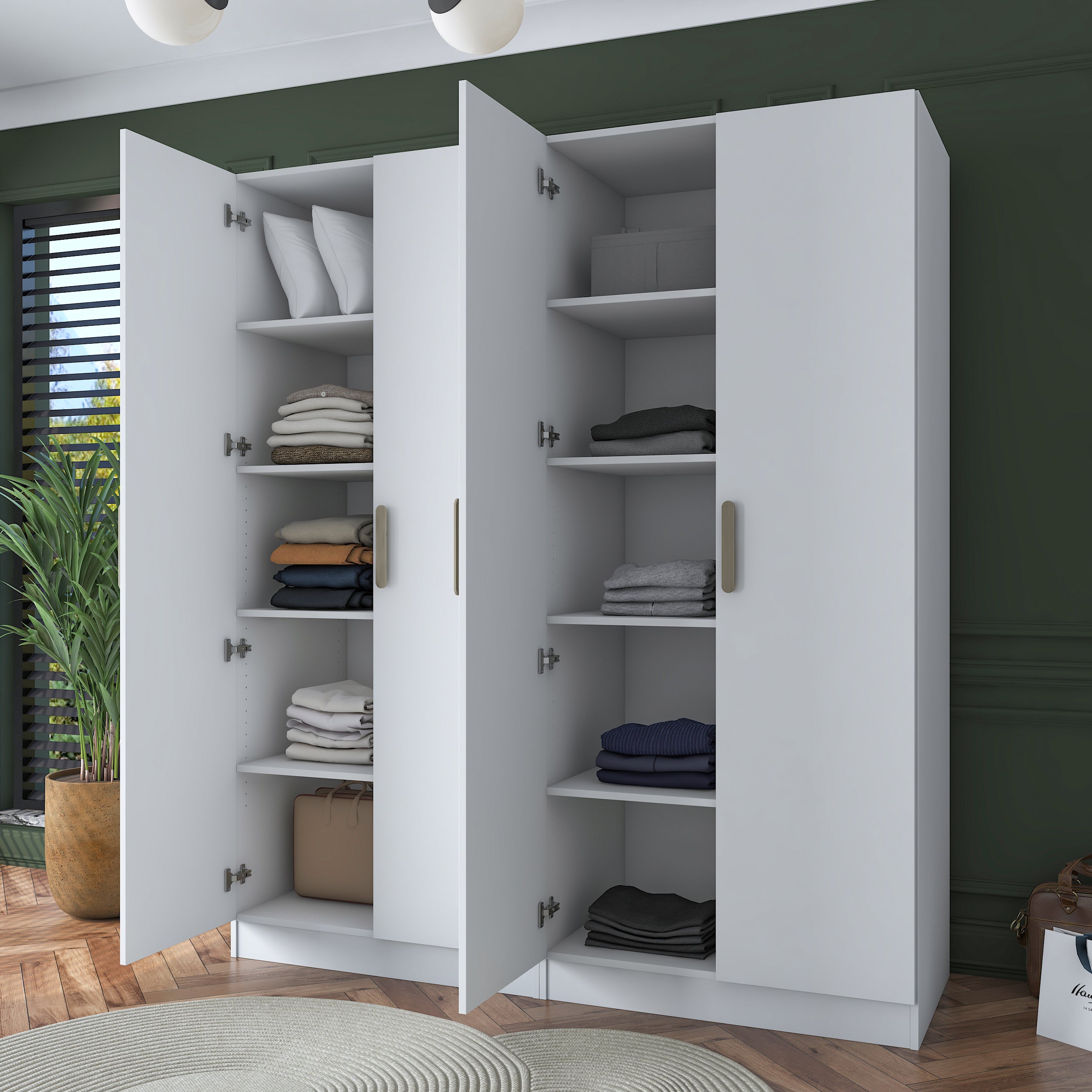 Rani BA165 Geniş Gardırop Elbise Dolabı 4 Kapaklı 8 Raflı 10 Bölmeli Modüler Dolap Beyaz