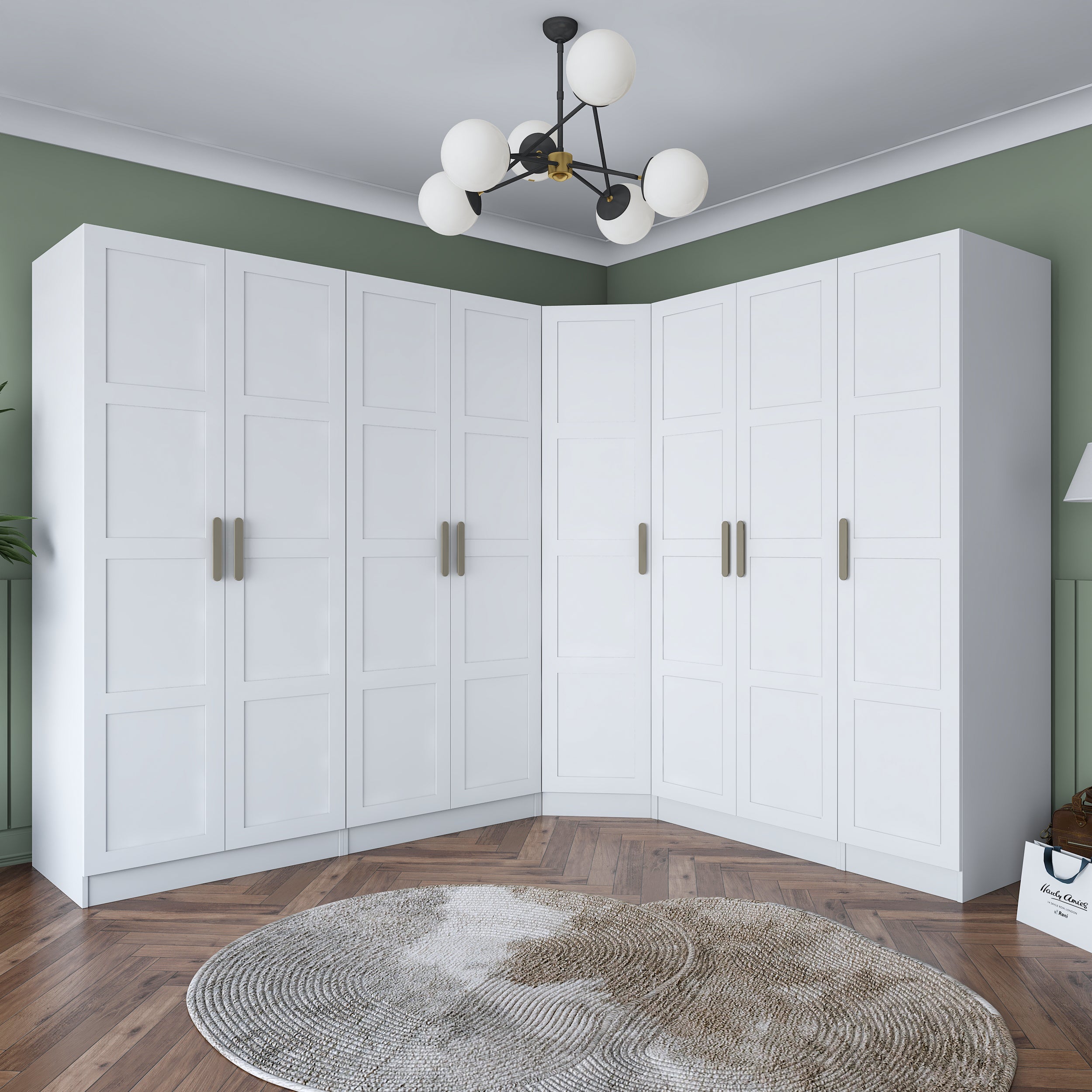 Rani BA192 Geniş Köşe Membran Kapaklı Gardırop Elbise Dolabı 8 Kapaklı 2 Çekmeceli 18 Raflı 4 Askılı Modüler Dolap Beyaz