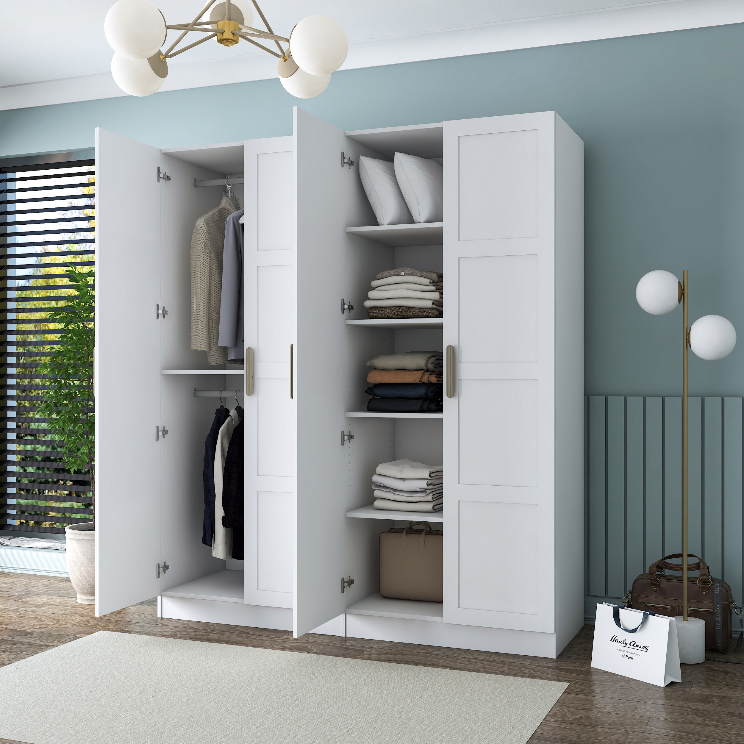 Rani BA194 Membran Kapaklı Gardırop 5 Raflı 2 Askılı 4 Kapaklı Elbise Dolabı Beyaz