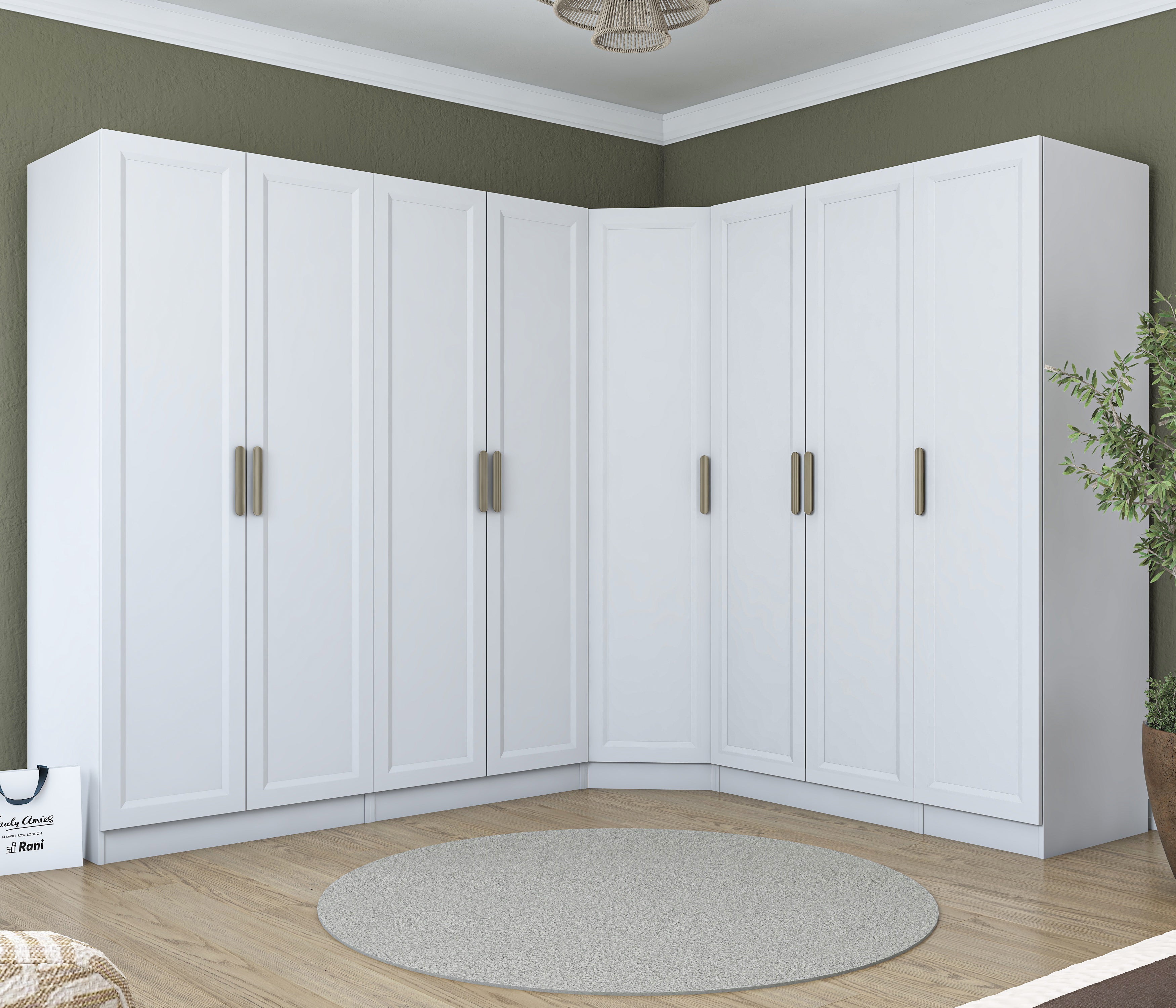 Rani BA206 Geniş Köşe Modül Membran Kapaklı Gardırop 2 Çekmeceli 18 Raflı 4 Askılı 8 Kapaklı Modüler Elbise Dolabı Beyaz