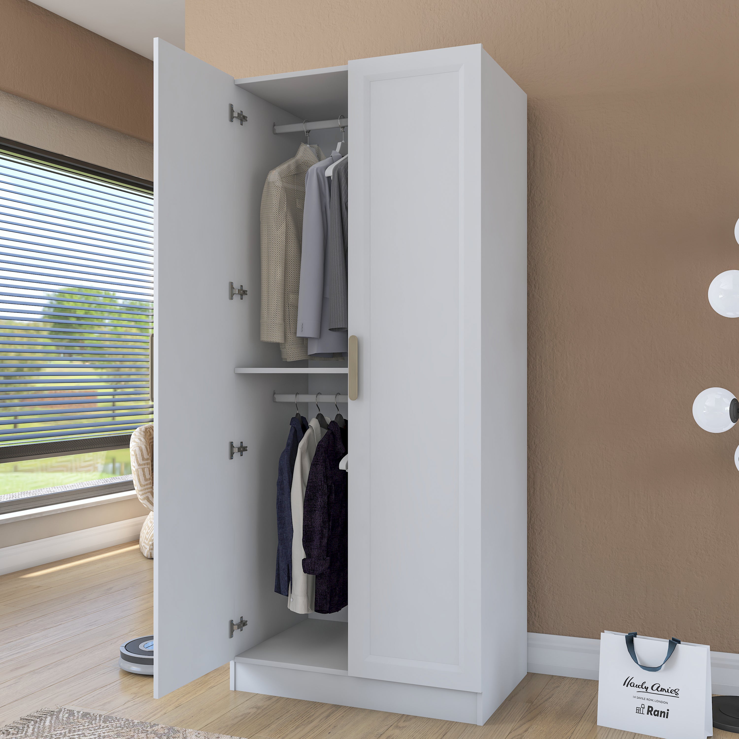 Rani BA201 Membran Kapaklı Gardırop Raflı 2 Askılı 2 Kapaklı Elbise Dolabı Beyaz