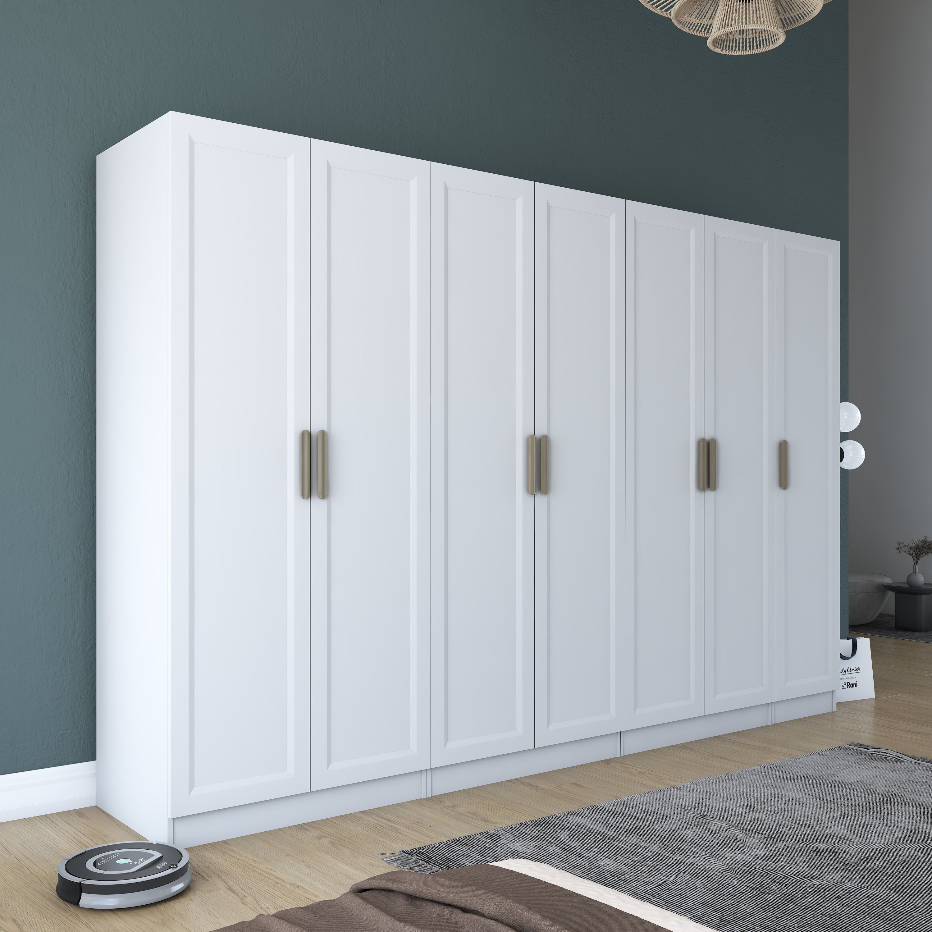 Rani BA207 Membran Kapaklı Gardırop 12 Raflı 3 Askılı 7 Kapaklı Elbise Dolabı Beyaz