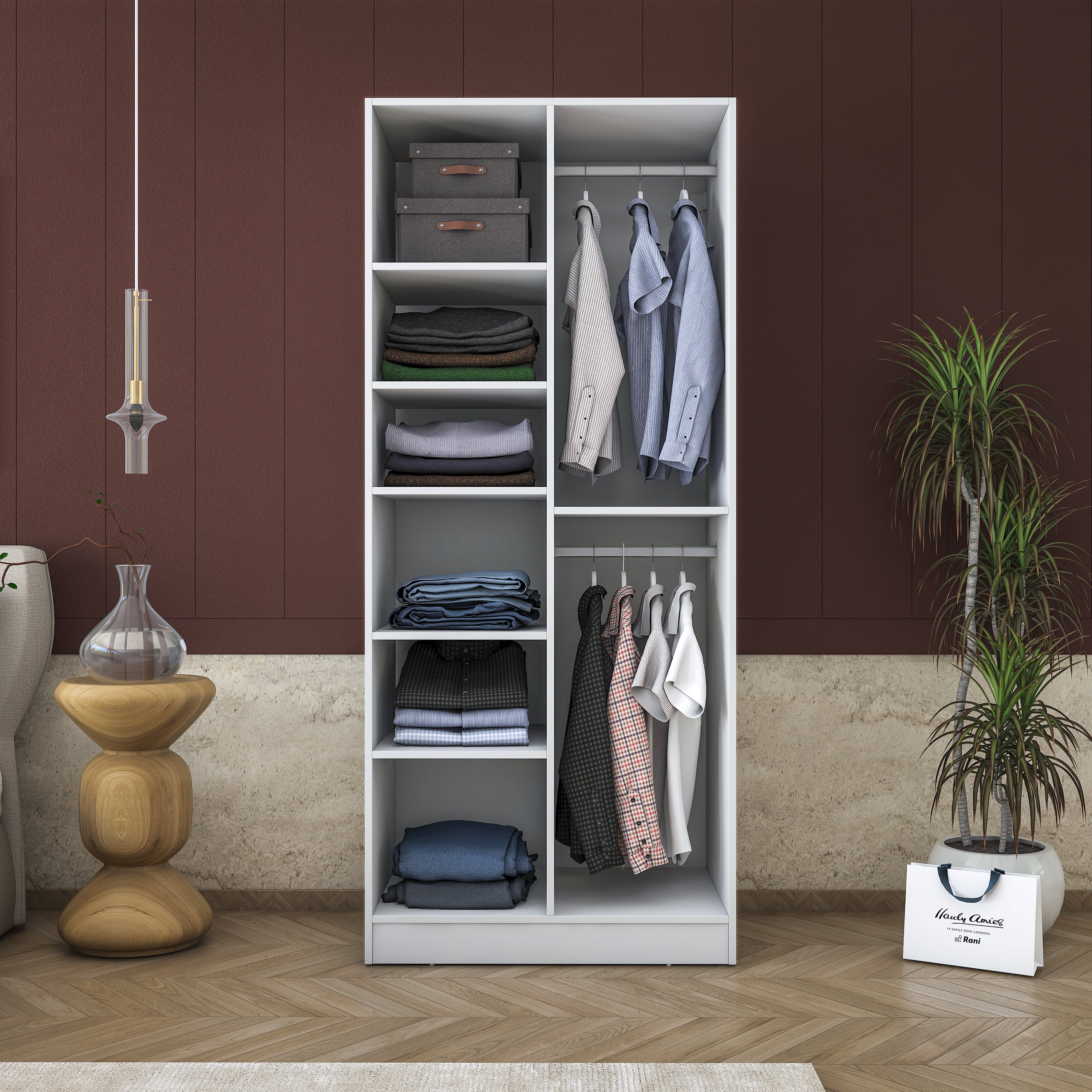 Rani BA171 Gardırop 2 Kapaklı 6 Raflı 2 Askılı Elbise Dolabı Beyaz
