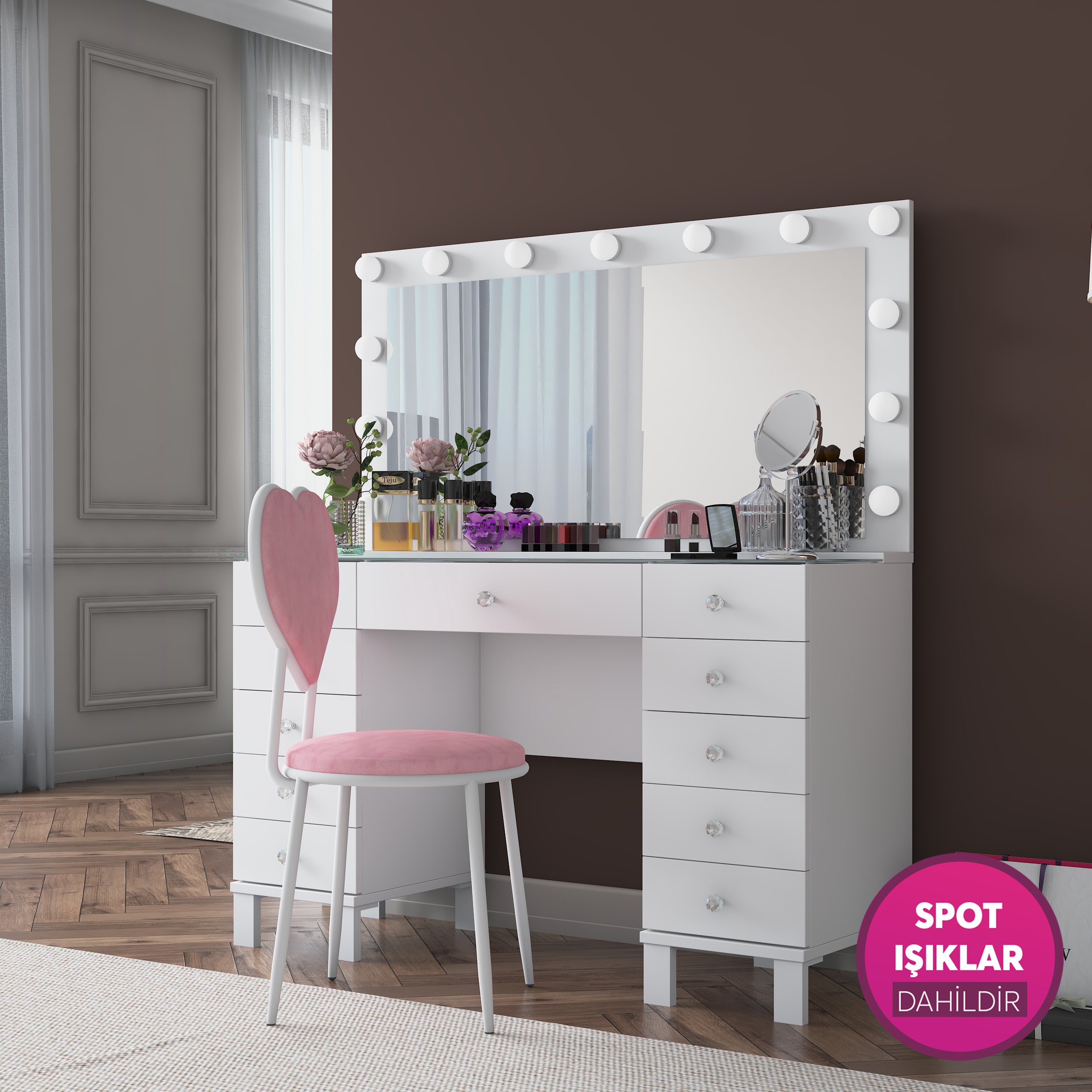 Rani BJ181 Hollywood Işıklı Aynalı Makyaj Masası Kalpli Sandalye Takım Beyaz