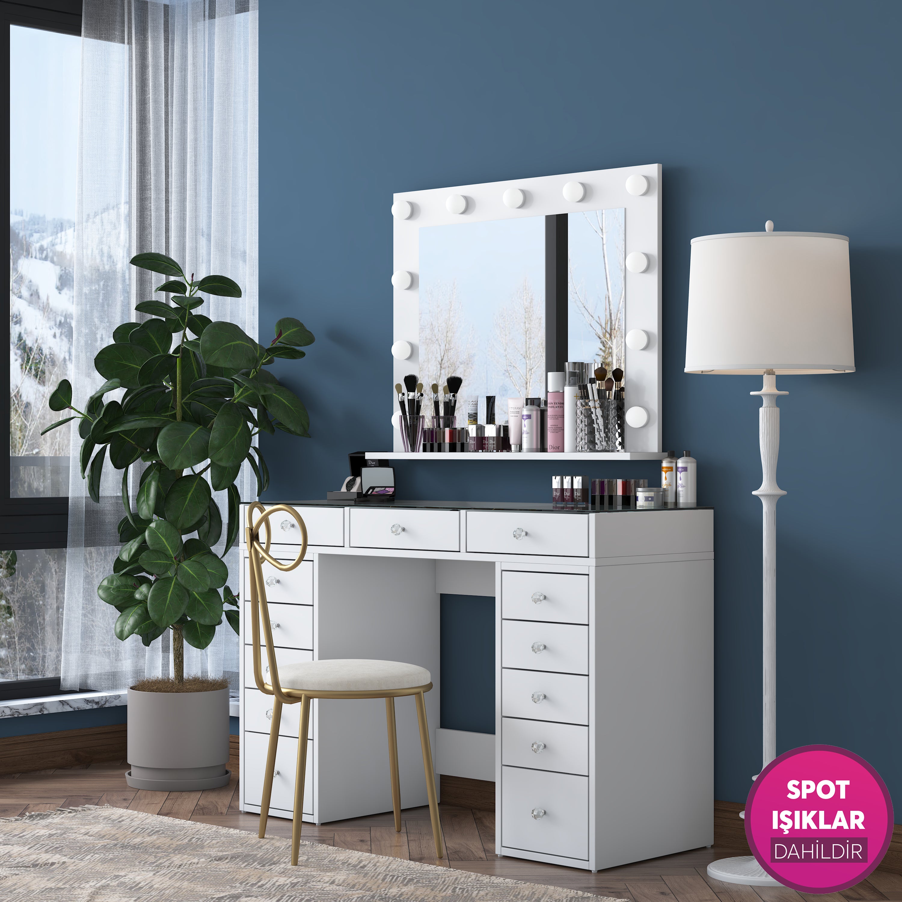 Rani BJ184 Hollywood Işıklı Aynalı Makyaj Masası Cam Tablalı Fiyonk Sandalye Takım Beyaz
