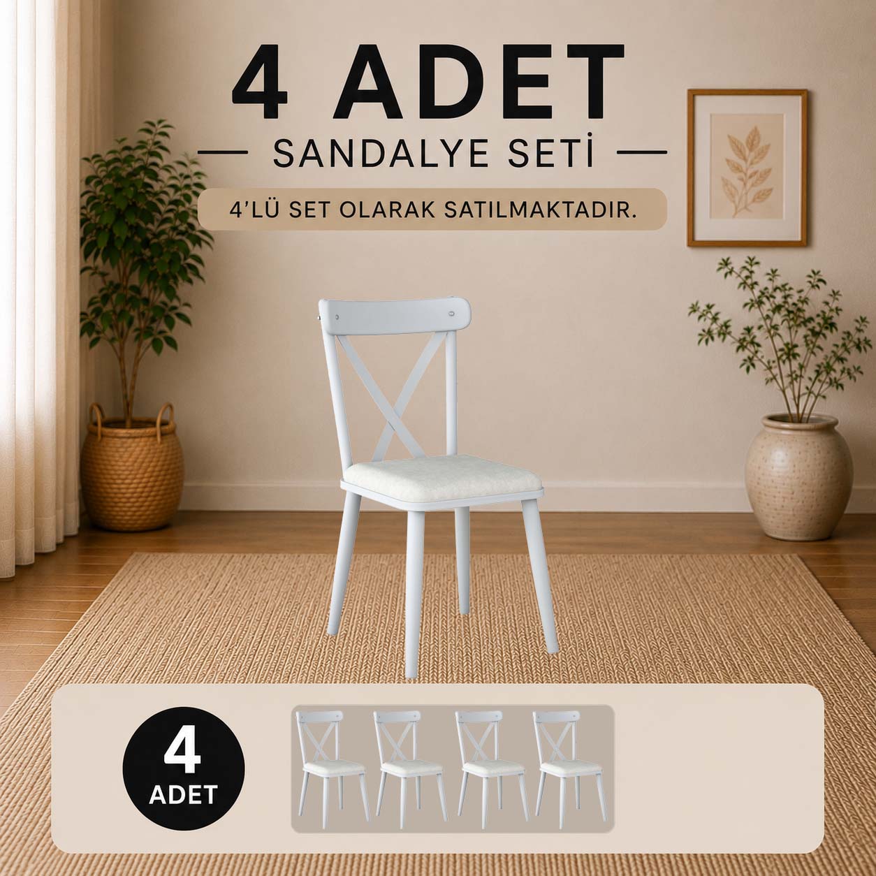 Rani JB108 Metal Sandalye Thonet Sandalye 4'lü Mutfak Yemek Masası Sandalyesi Beyaz