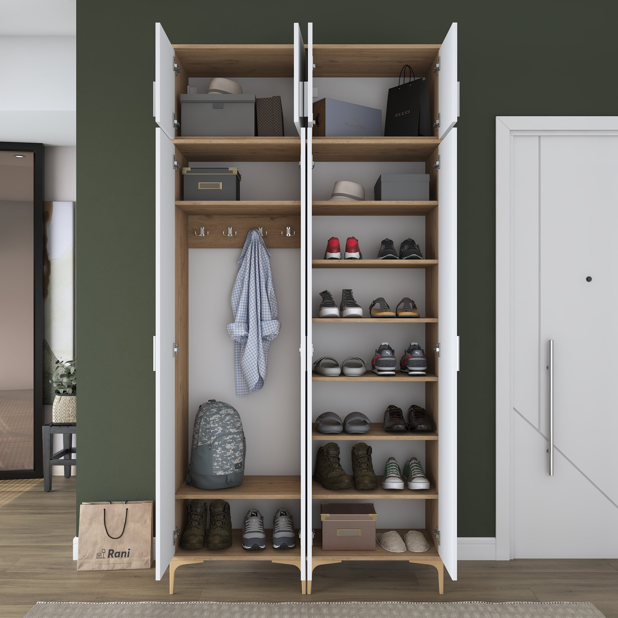 Rani EA161 Modern Portmanto 8 Kapaklı 8 Raflı 4 Askılı Ayakkabılık Vestiyer Sepet Ceviz - Beyaz