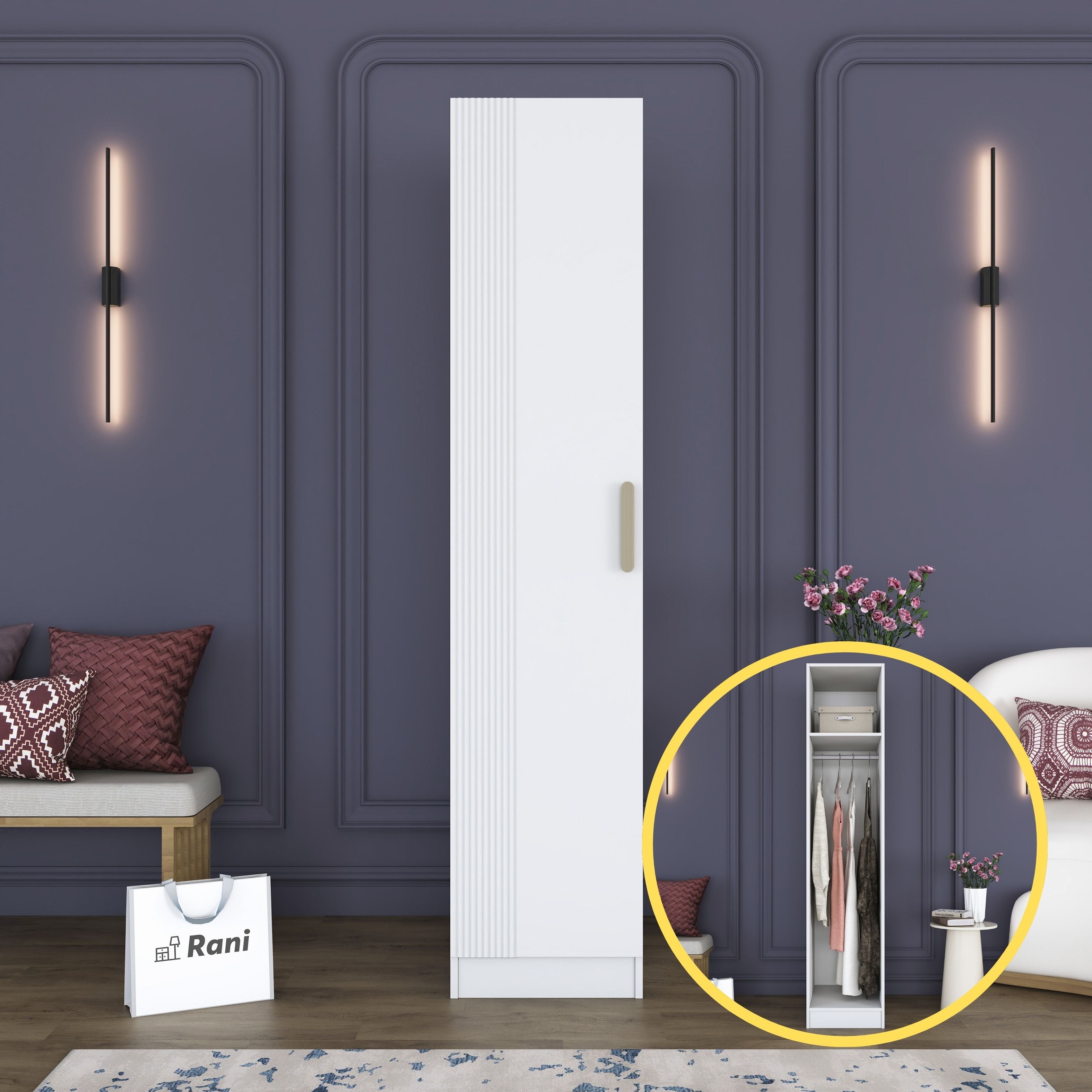 Rani BA219 Membran Kapaklı Gardırop Raflı Askılı Tek Kapaklı Elbise Dolabı Beyaz