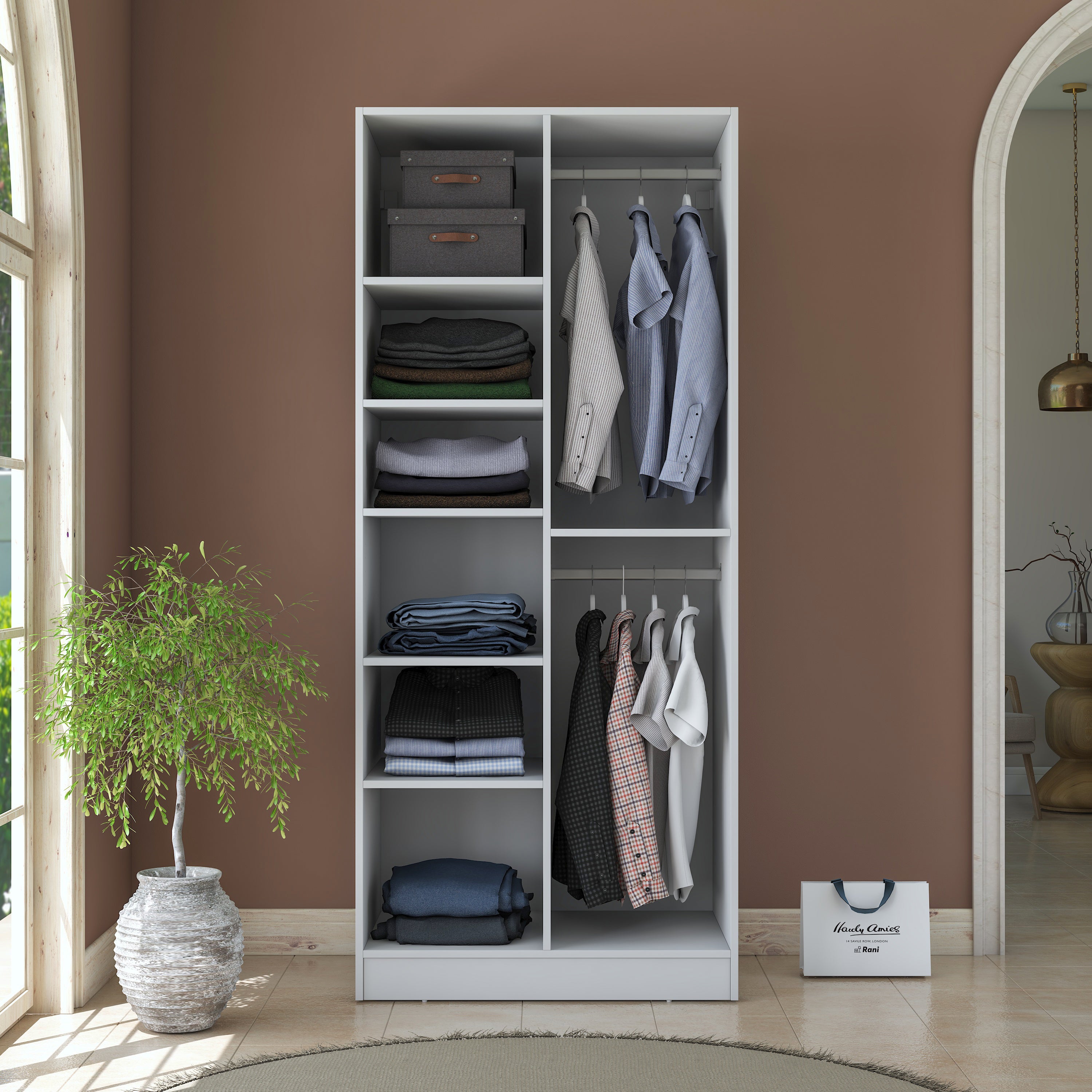 Rani BA220 membran kapaklı beyaz gardırop, 2 kapaklı 6 raflı ve 2 askılı elbise dolabı