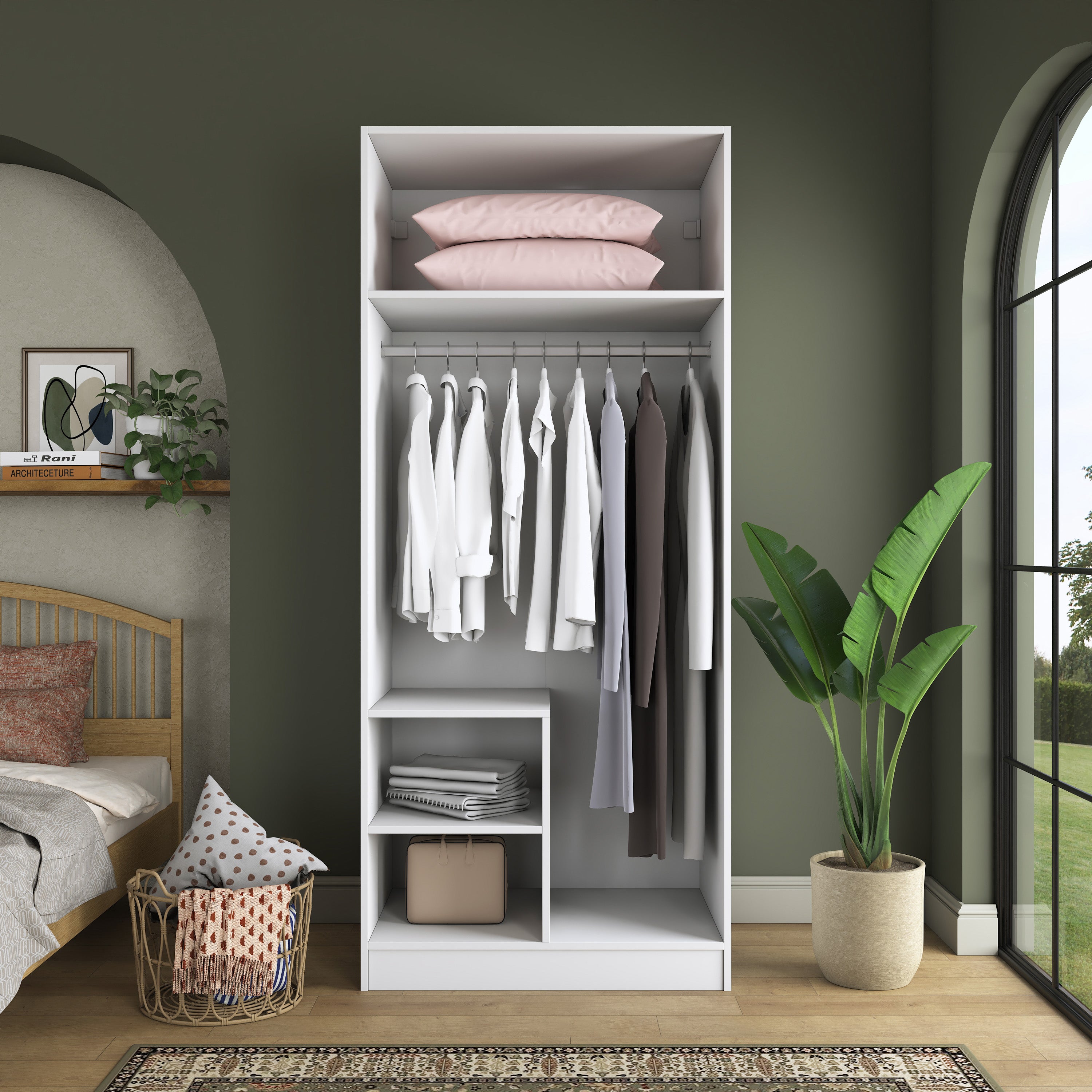 Rani BA228 Membran Kapaklı Gardırop 2 Kapaklı 2 Raflı Askılı Elbise Dolabı Beyaz