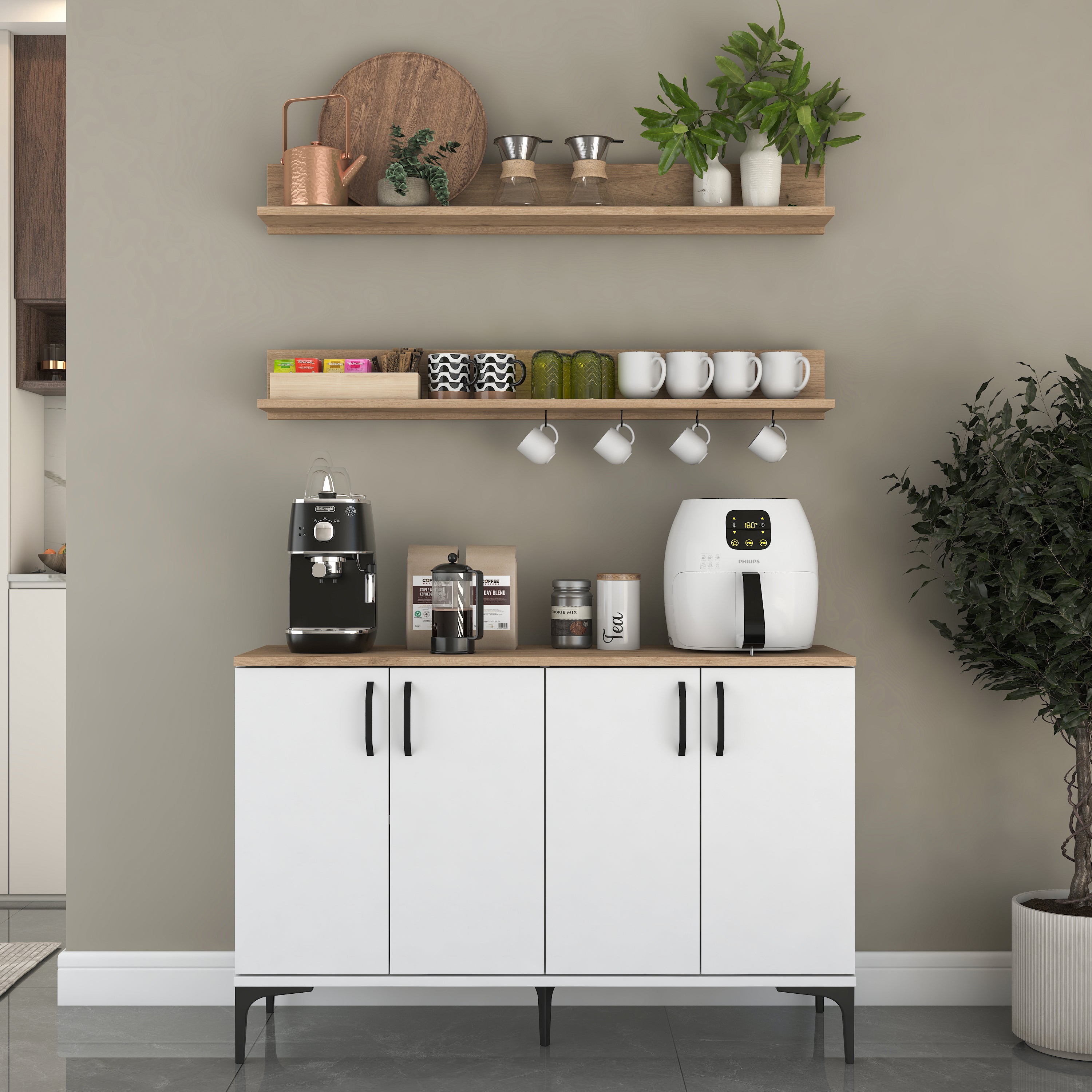 Rani JE234 Kahve Köşesi Çok Amaçlı Dolap 4 Kapaklı 2 Raflı Kiler Mutfak Dolabı Beyaz - Sepet Ceviz