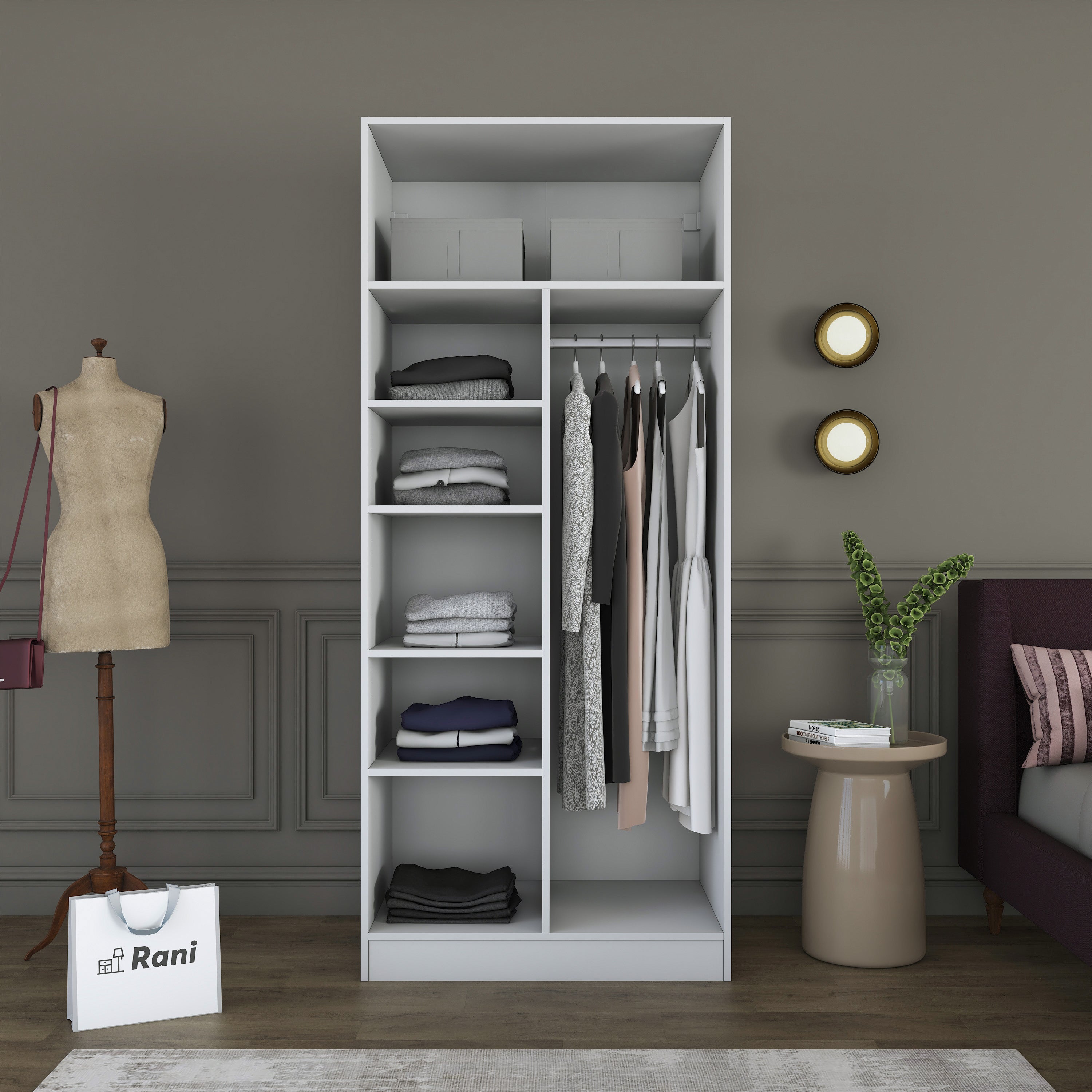 Rani BA225 Membran Kapaklı Gardırop 2 Kapaklı 5 Raflı Askılı Elbise Dolabı Beyaz