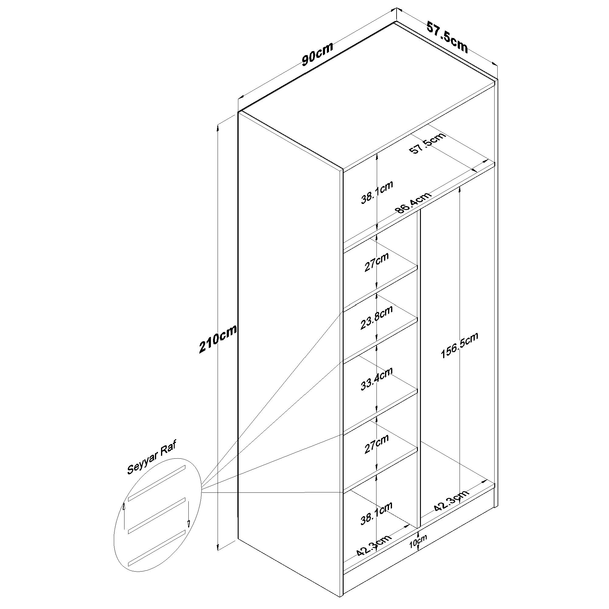 Rani BA225 Membran Kapaklı Gardırop 2 Kapaklı 5 Raflı Askılı Elbise Dolabı Beyaz