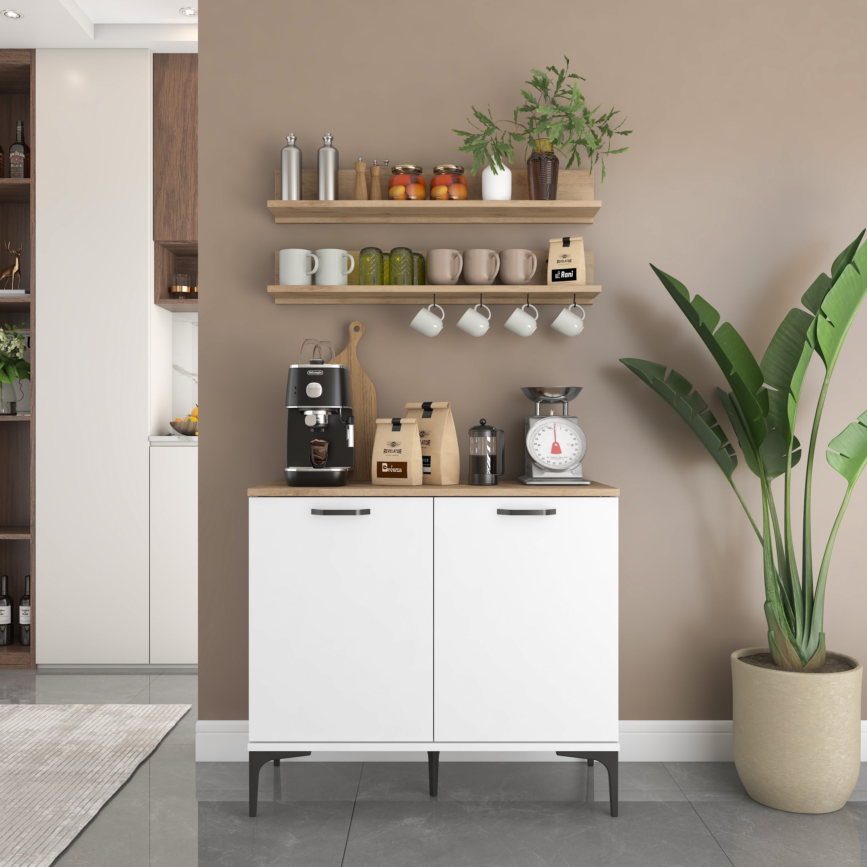 Rani JE232 Kahve Köşesi Çok Amaçlı Dolap 2 Kapaklı 2 Raflı Kiler Mutfak Dolabı Beyaz - Sepet Ceviz