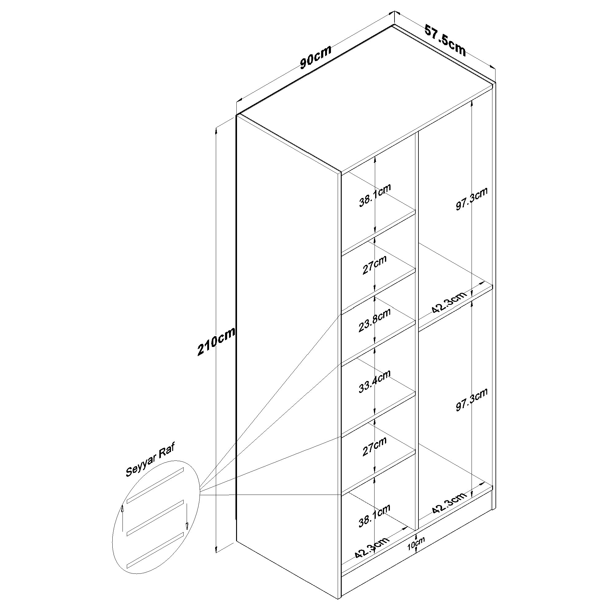 Rani BA222 Membran Kapaklı Gardırop 2 Kapaklı 6 Raflı 2 Askılı Elbise Dolabı Beyaz