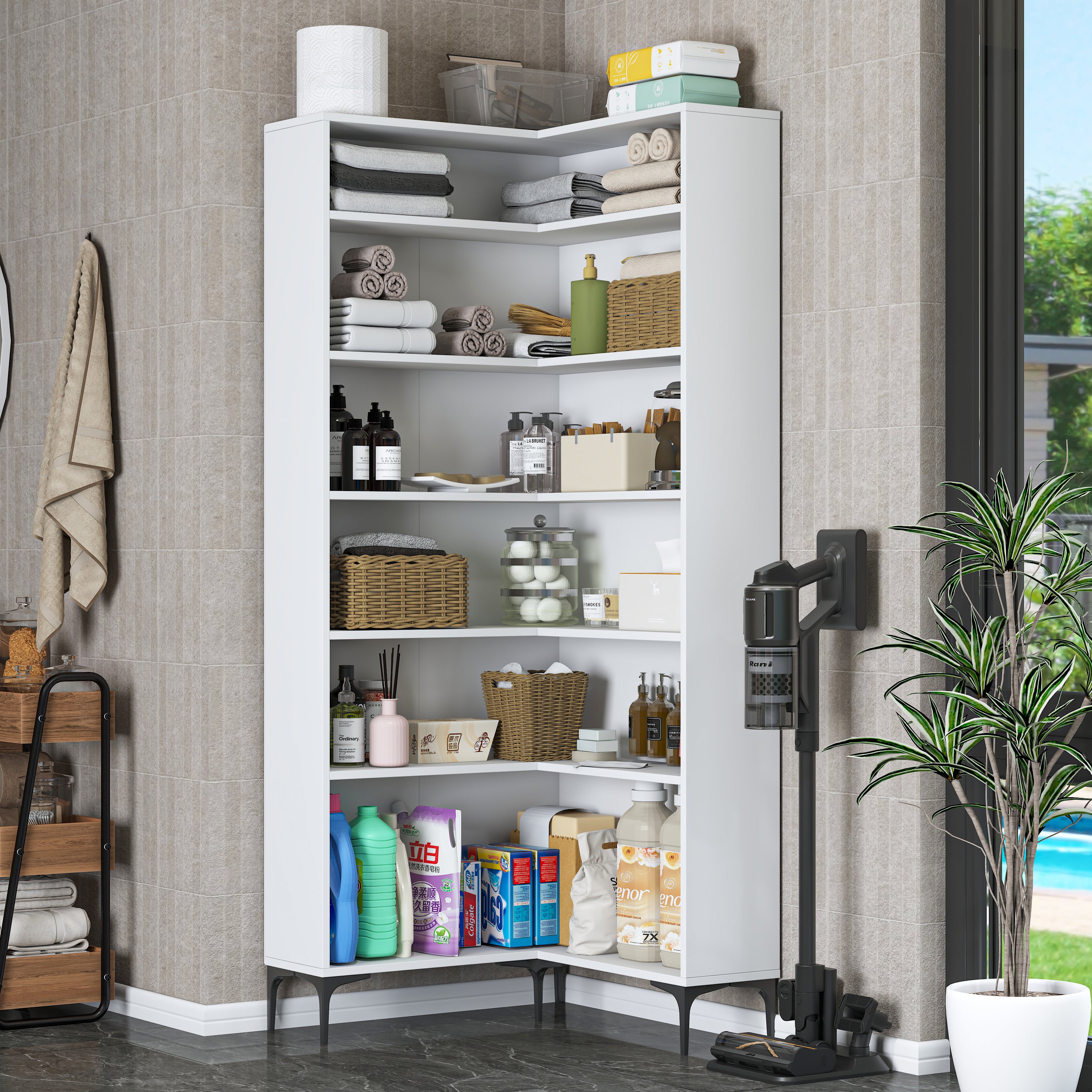 Rani KC106 Köşe Banyo Dolabı 10 Raflı Çok Amaçlı Dolap Beyaz