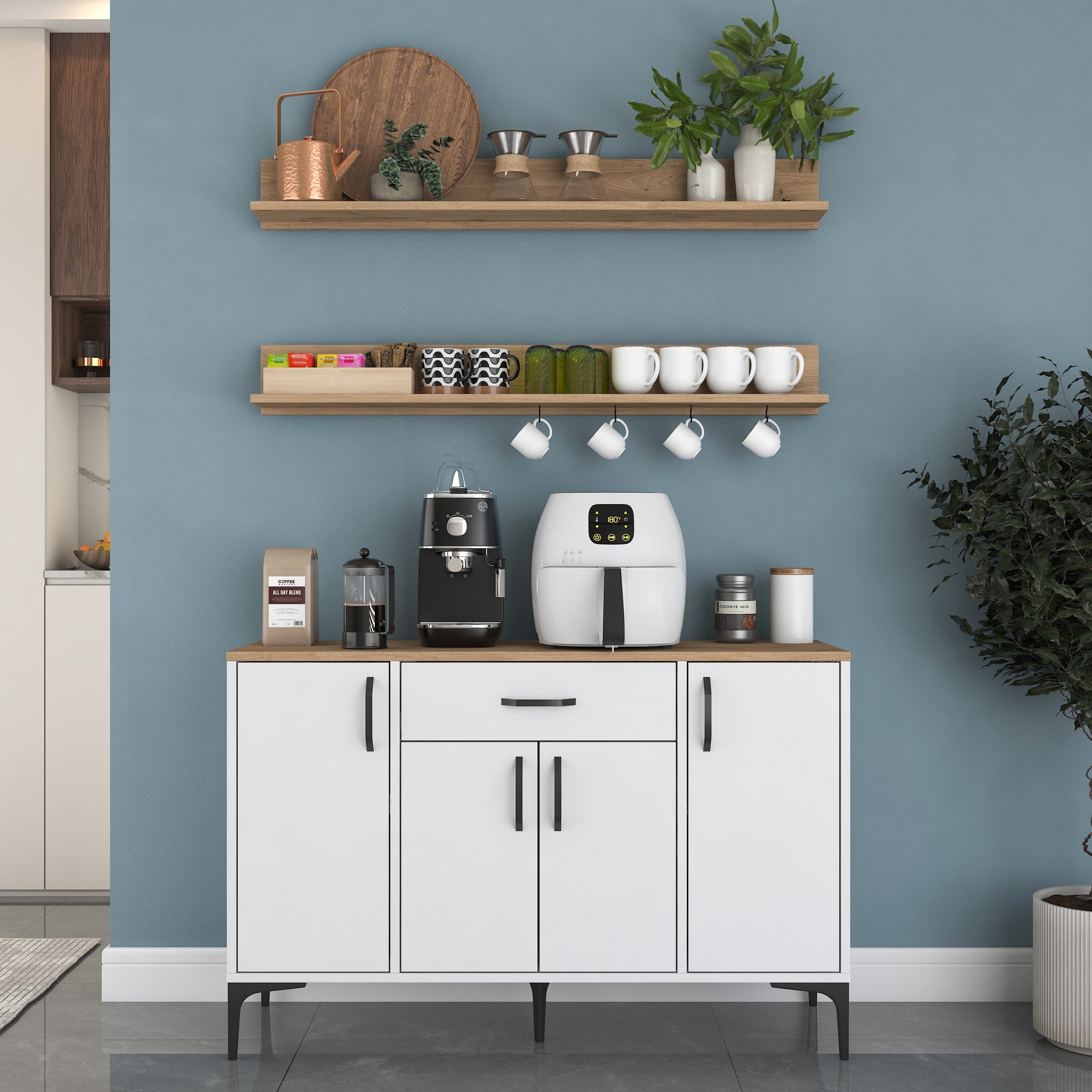 Rani JE233 Kahve Köşesi Çok Amaçlı Dolap 4 Kapaklı 1 Çekmeceli 2 Raflı Kiler Mutfak Dolabı Beyaz - Sepet Ceviz