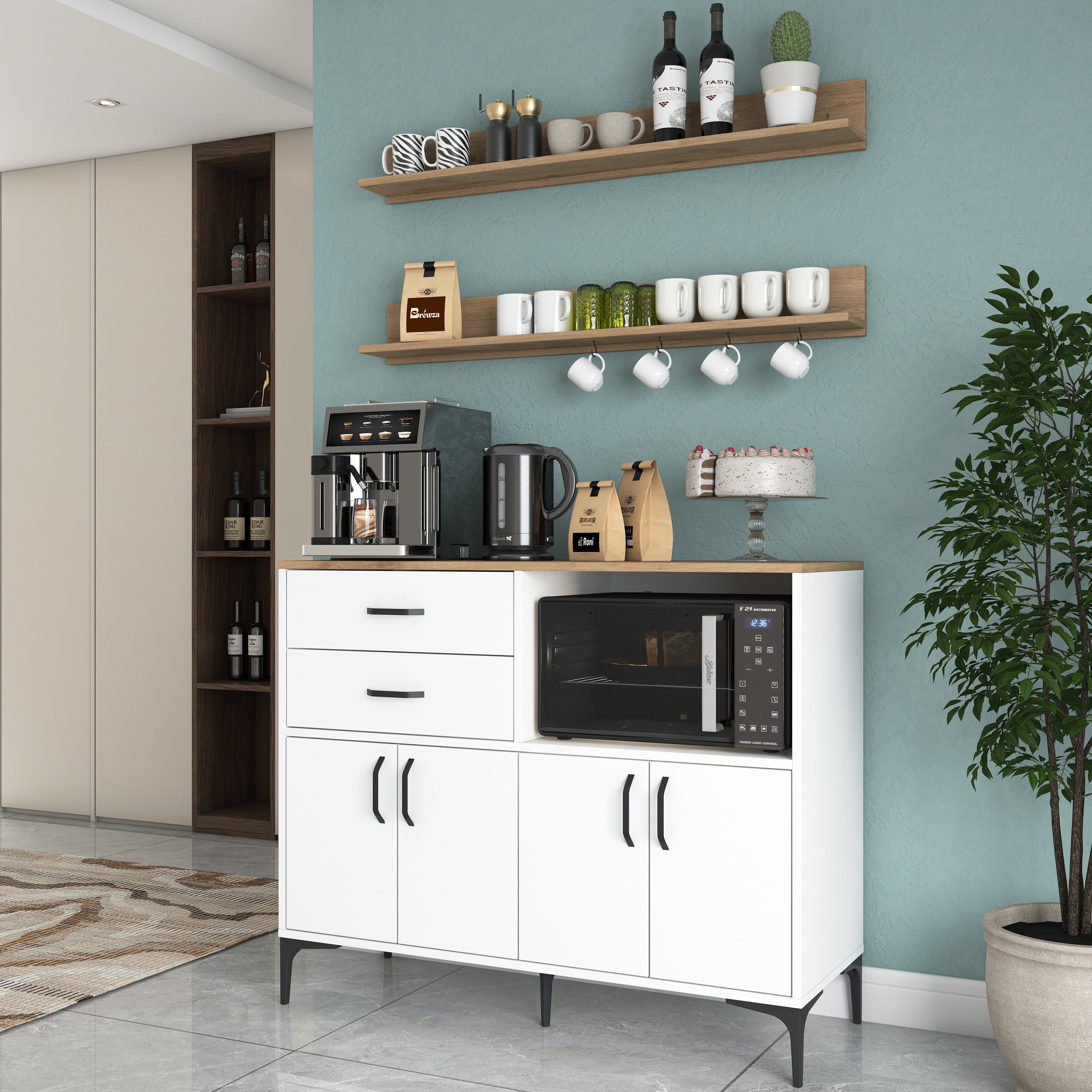 Rani JE235 Kahve Köşesi Çok Amaçlı Dolap 4 Kapaklı 2 Çekmeceli 2 Raflı Kiler Mutfak Dolabı Beyaz - Sepet Ceviz