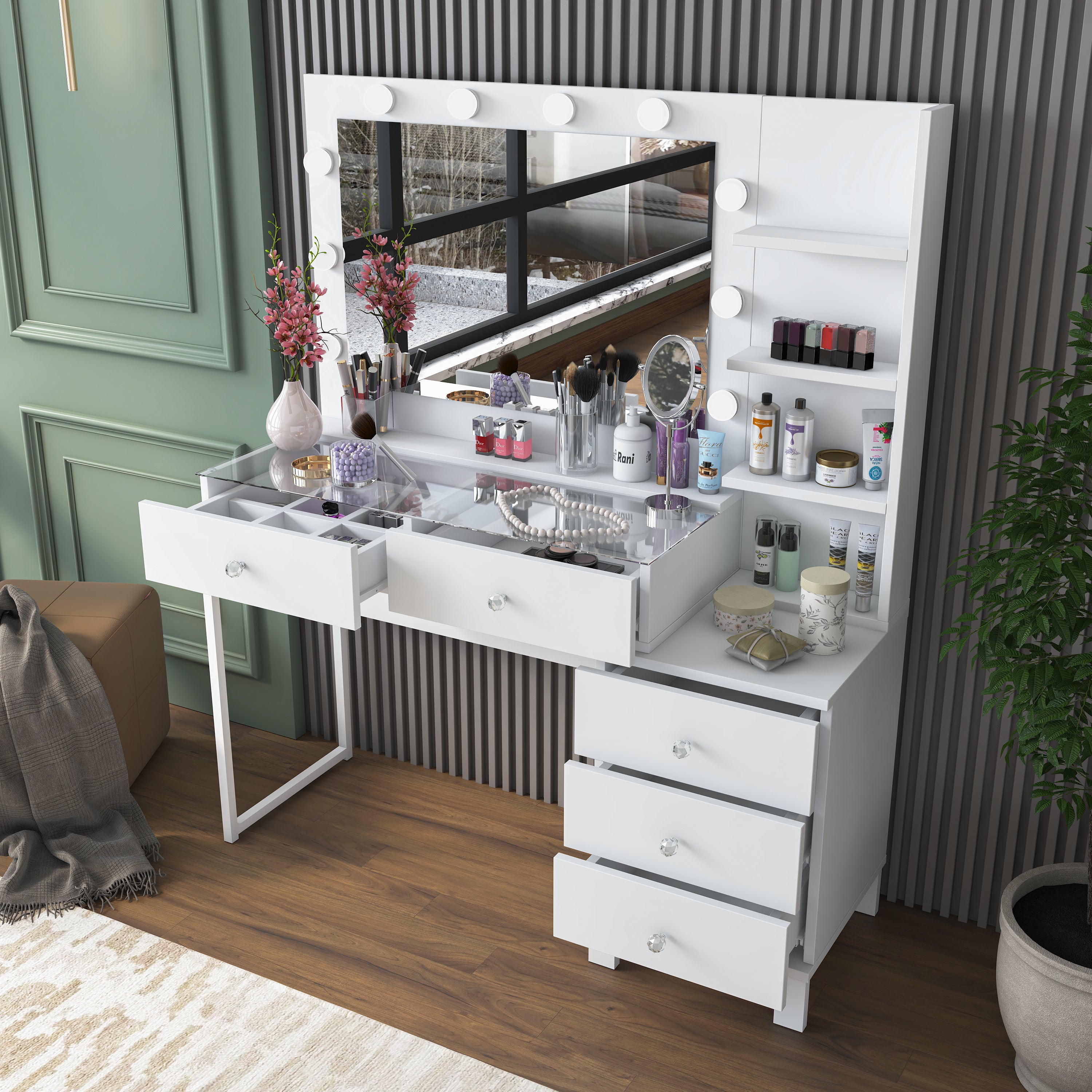 Rani BJ194 Hollywood Işıklı Aynalı Kulis Makyaj Masası Cam Tablalı 5 Çekmeceli 3 Raflı Takı Düzenleyici Beyaz