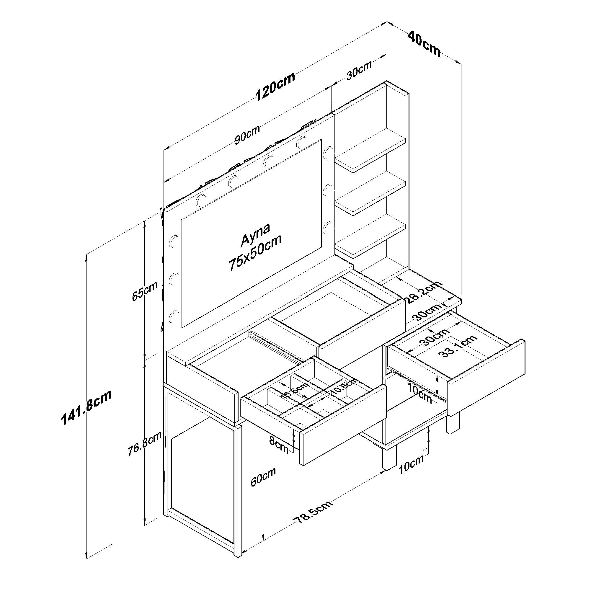 Rani BJ194 Hollywood Işıklı Aynalı Kulis Makyaj Masası Cam Tablalı 5 Çekmeceli 3 Raflı Takı Düzenleyici Beyaz