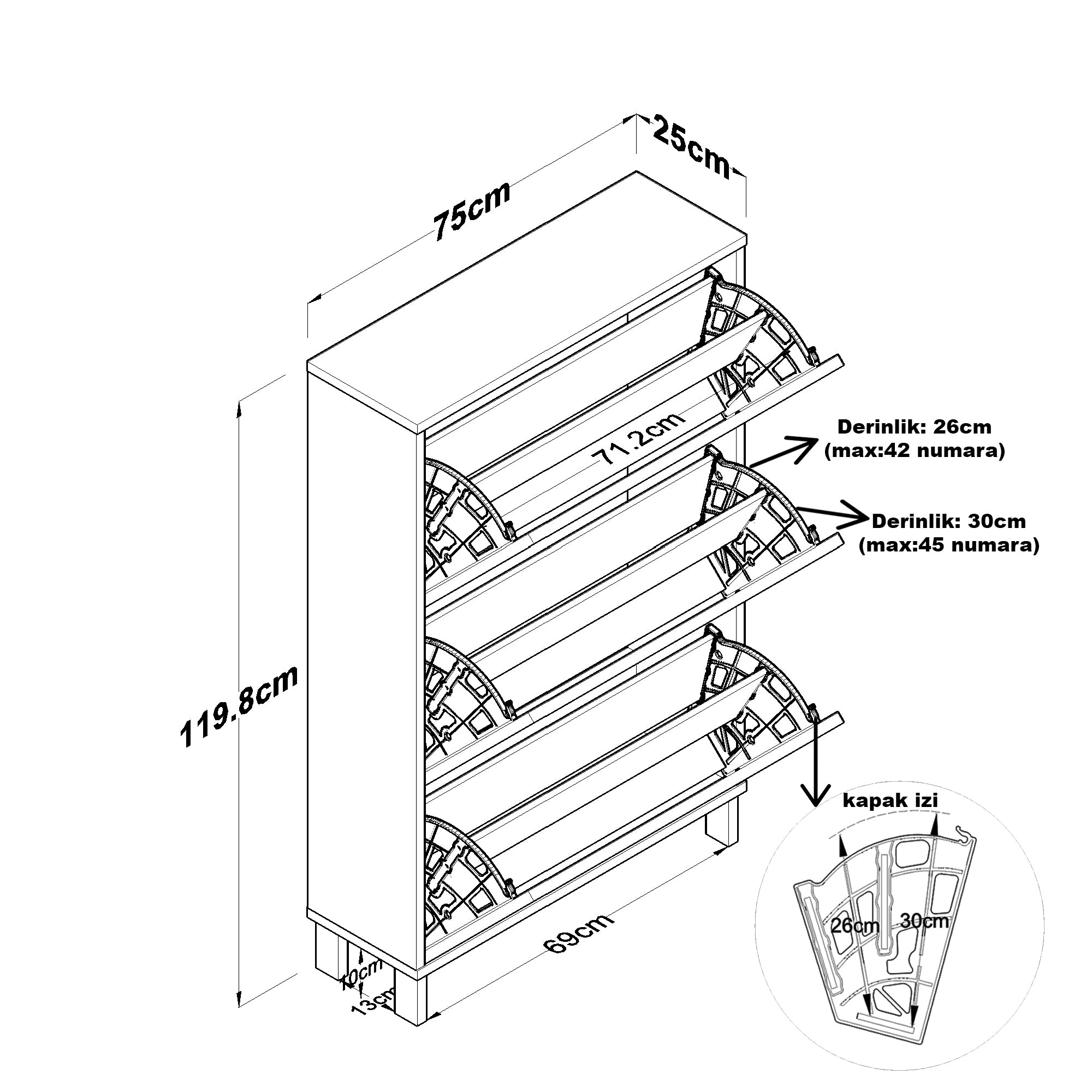 Rani EB112 Ayakkabılık Düşer Kapaklı 3 Bölmeli Ayakkabılık Beyaz