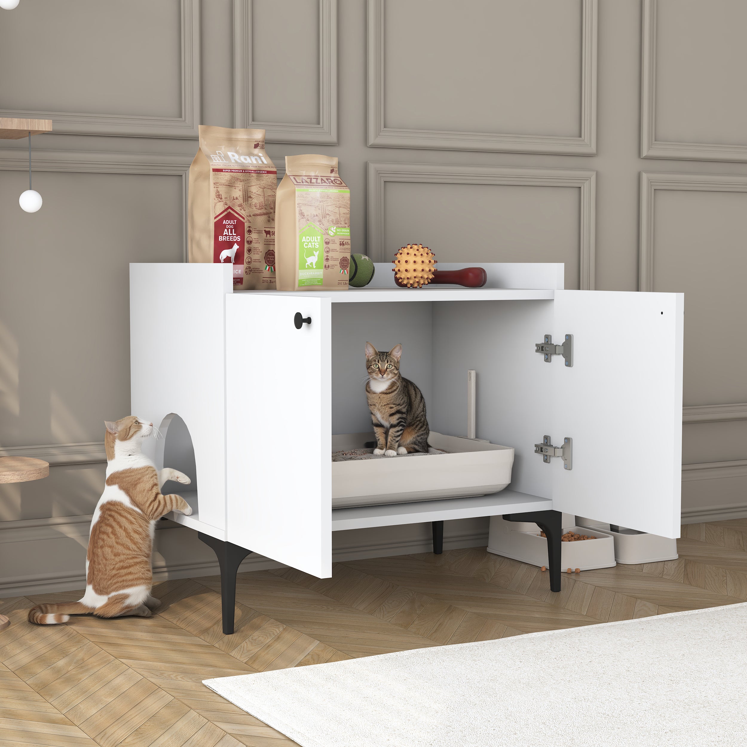 Rani PA101 Kedi Mobilyası Çok Amaçlı Dolap Gizli Kedi Tuvalet Dolabı Kedi Evi Beyaz