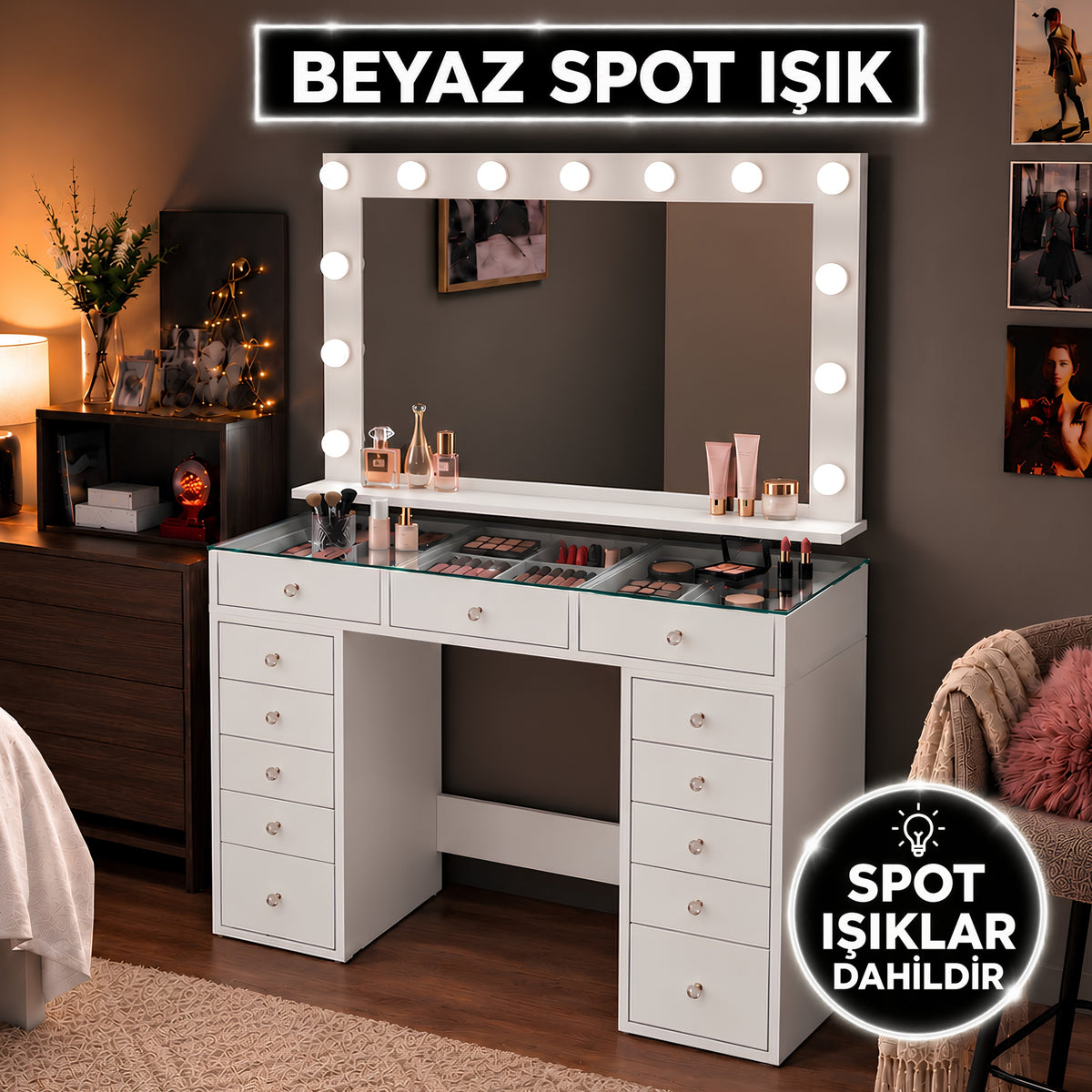 Rani BJ195 Hollywood Beyaz Işık Aynalı Cam Tablalı Makyaj Masası 13 Çekmeceli Takı Düzenleyici Beyaz
