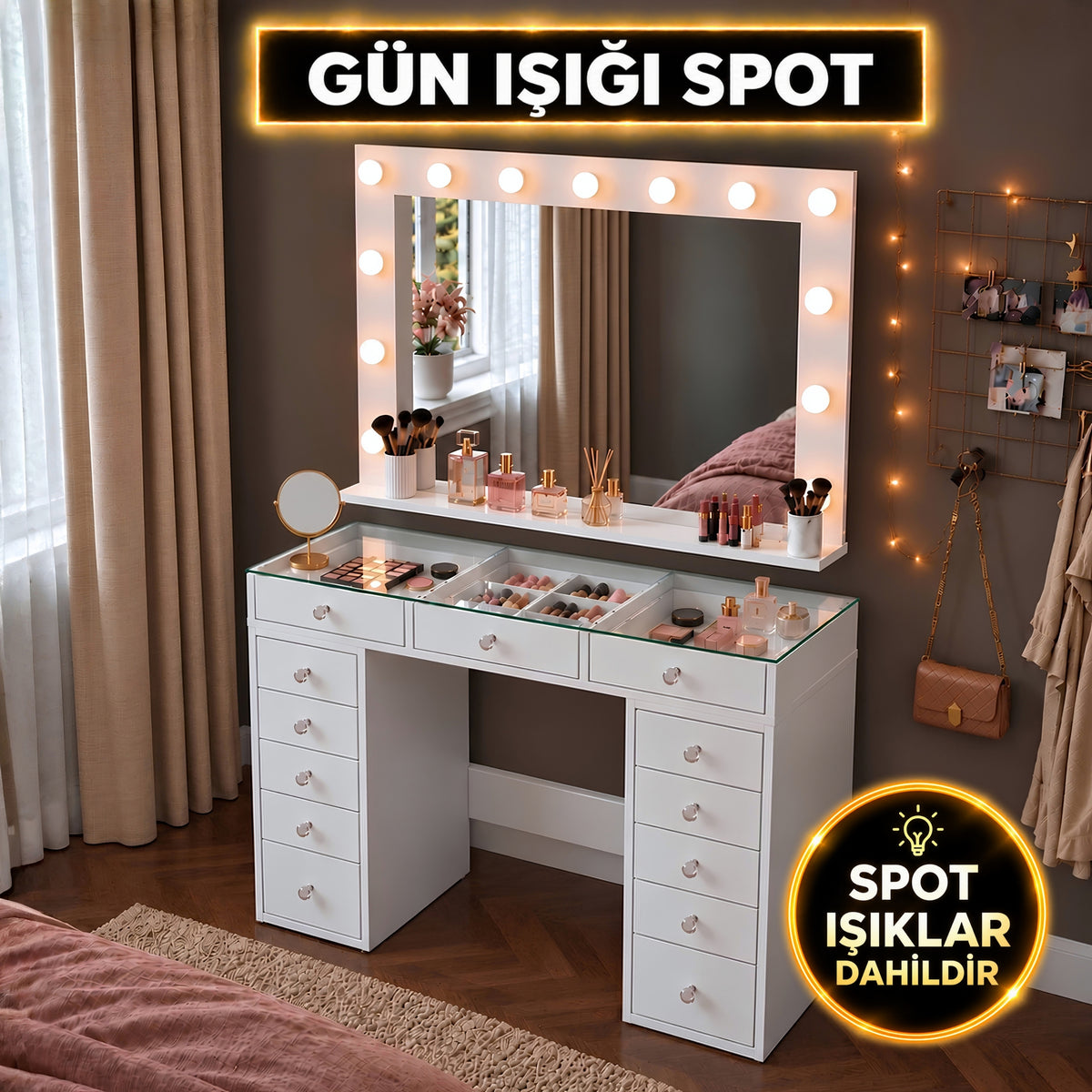 Rani BJ197 Hollywood Gün Işığı Aynalı Cam Tablalı Makyaj Masası 13 Çekmeceli Takı Düzenleyici Beyaz